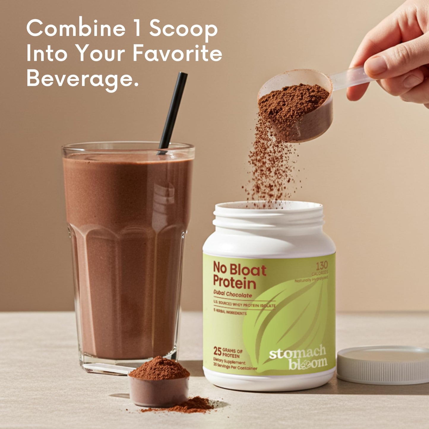Stomach Bloom No Bloat Protein Powder for Digestive Health – 24g Grass Fed Whey Isolate with 5 Herbs – Natural Dubai Chocolate Flavor, 1 Count