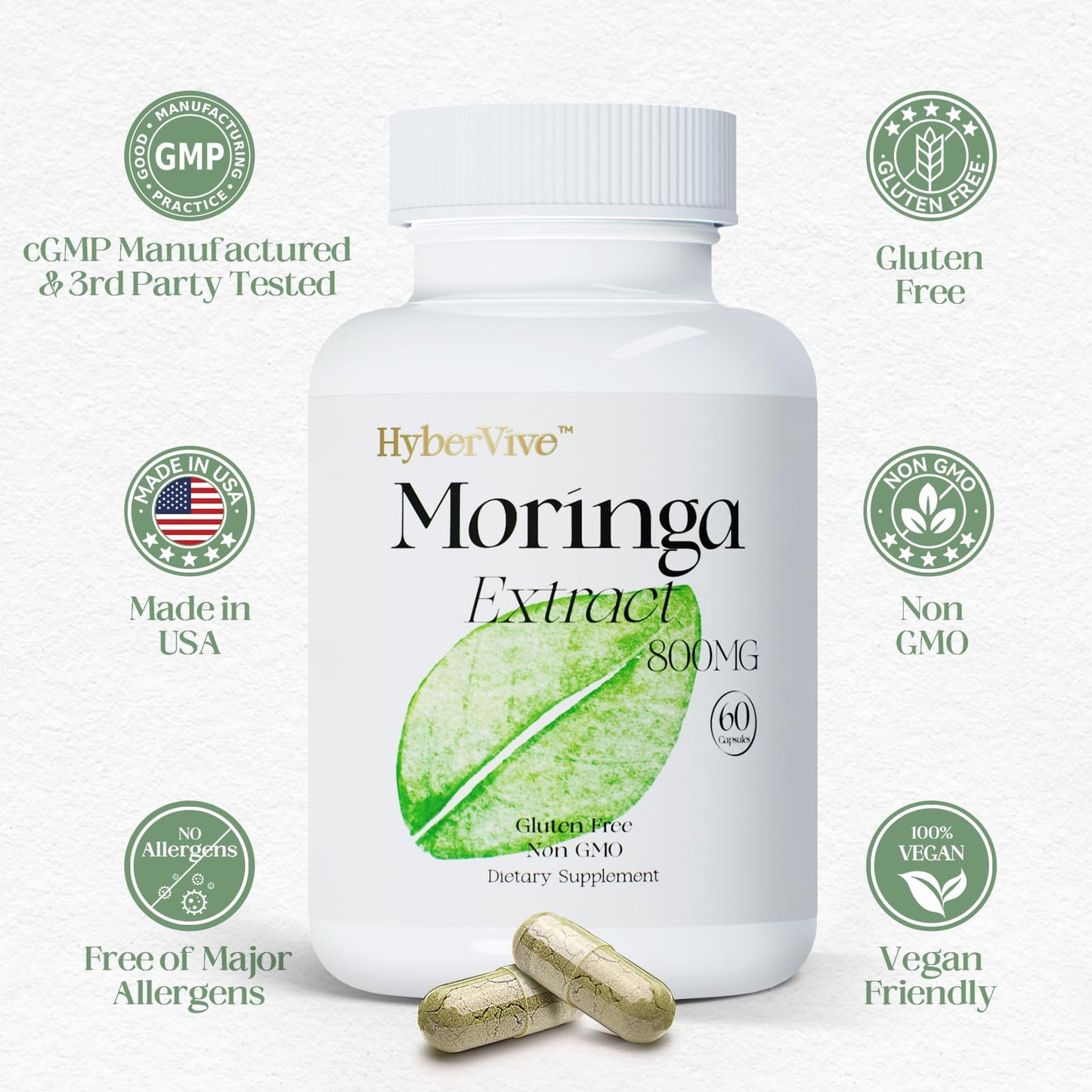 HyberVive Moringa Pure Capsules 800mg, 60 Count