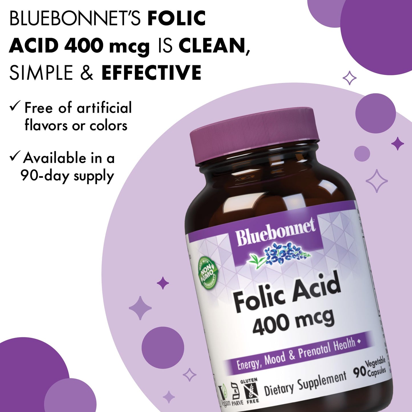 BlueBonnet Folic Acid 400 mcg Vegetable Capsules, 90 Count