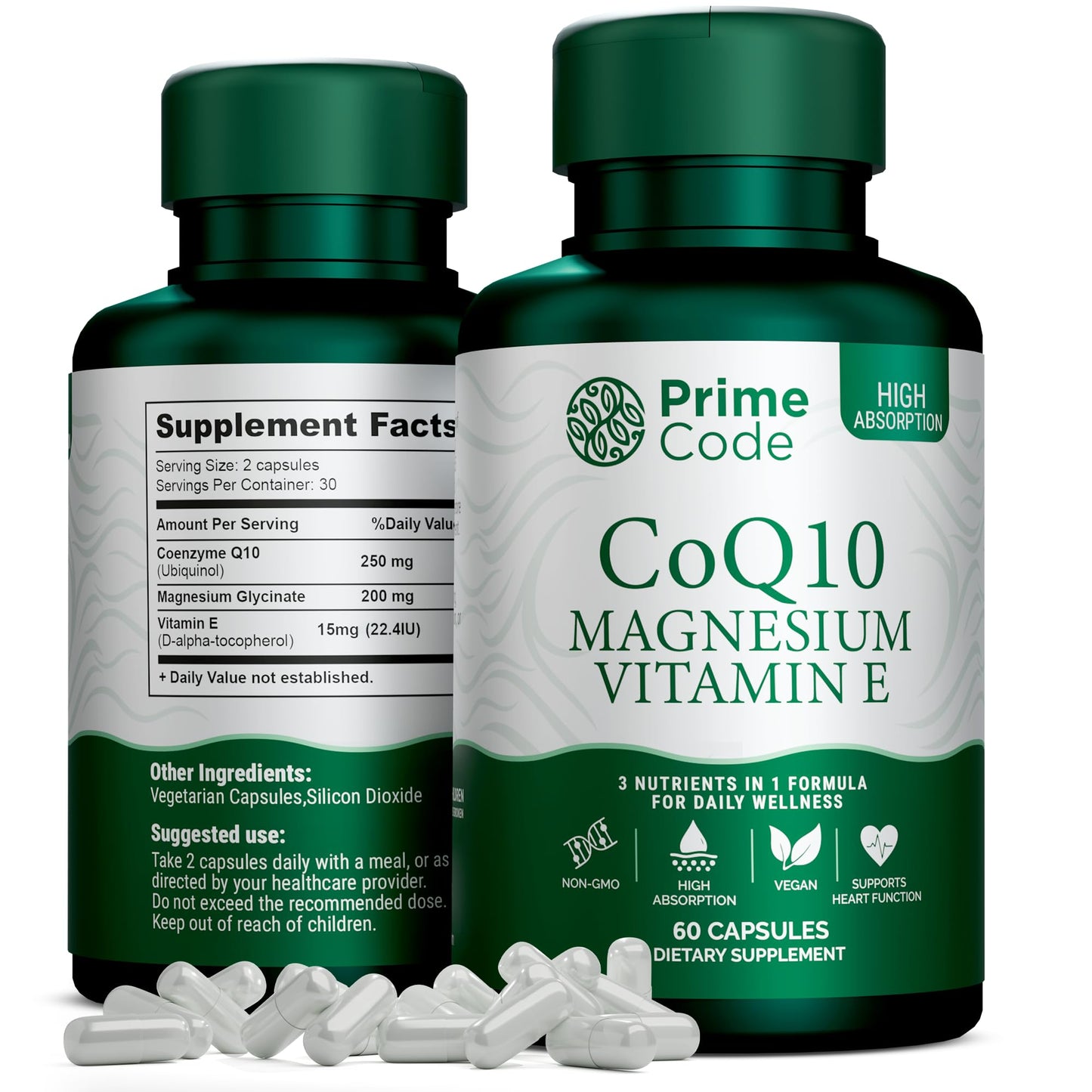 Prime Code CoQ10 250mg with Magnesium Glycinate and Vitamin E Capsules 60 Count
