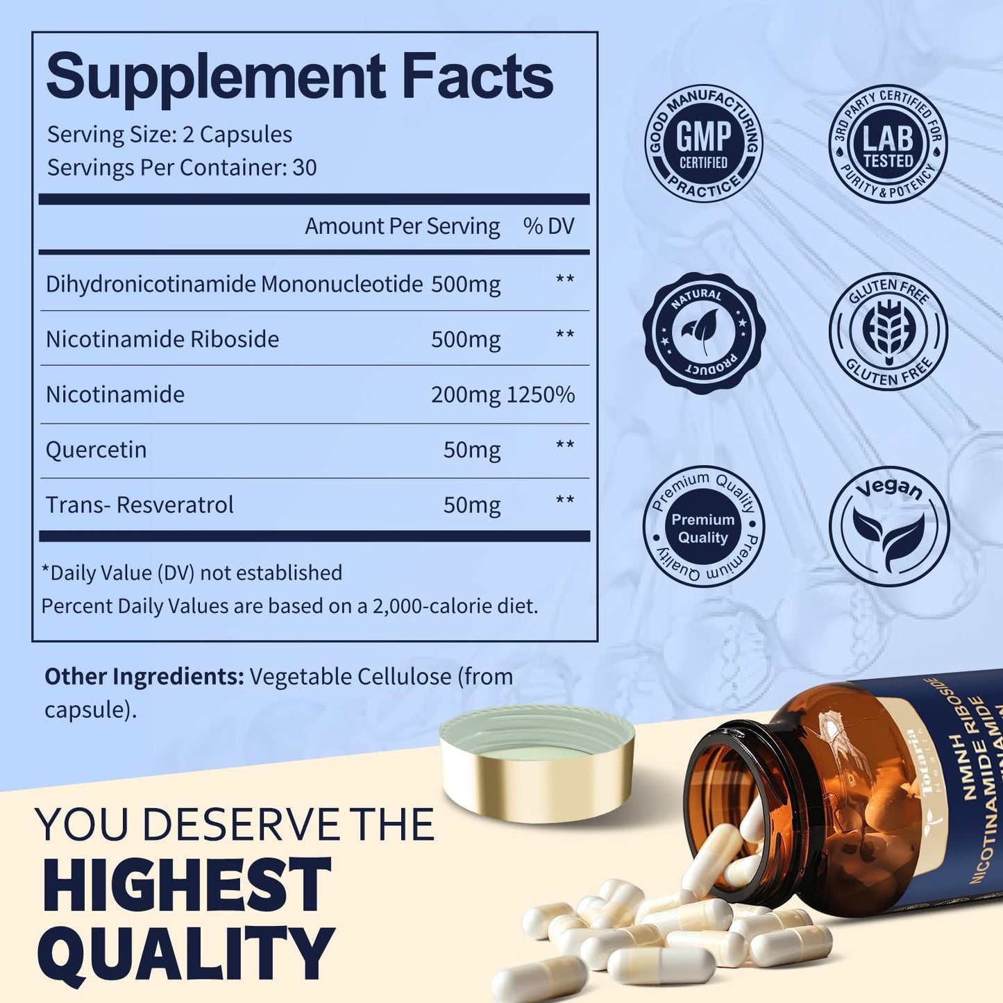 Totaria NMNH NMN Alternative Supplement Ultra Strength, NAD+ Support with Resveratrol & Quercetin, Ultra Absorption for Anti-Aging, Vegan Capsules, 60 Count
