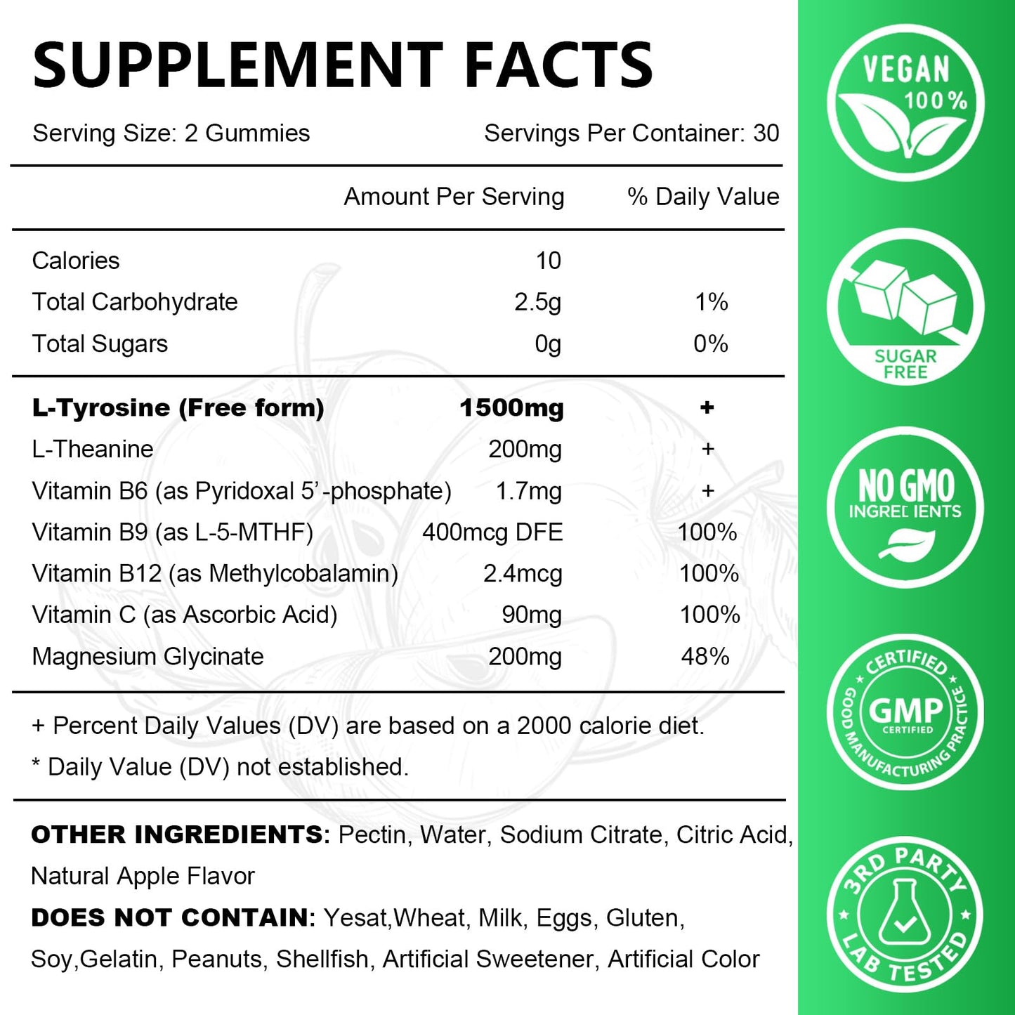 JOVITHEA L-Tyrosine Gummies 1500mg, Apple Flavor, 120 Gummies