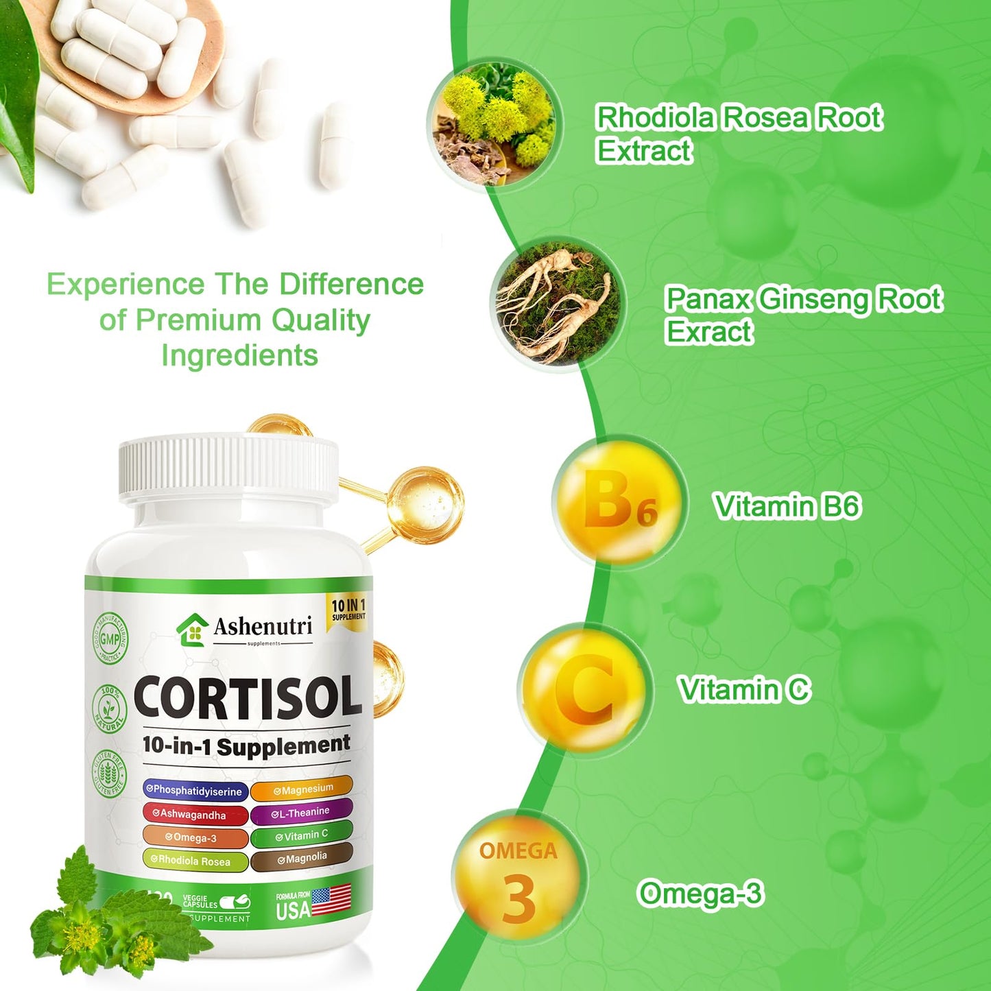 Ashenutri 10-in-1 Cortisol Supplement with Magnesium, Ashwagandha, Rhodiola Rosea, L Theanine, Hormone Balance for Women, 120 Capsules