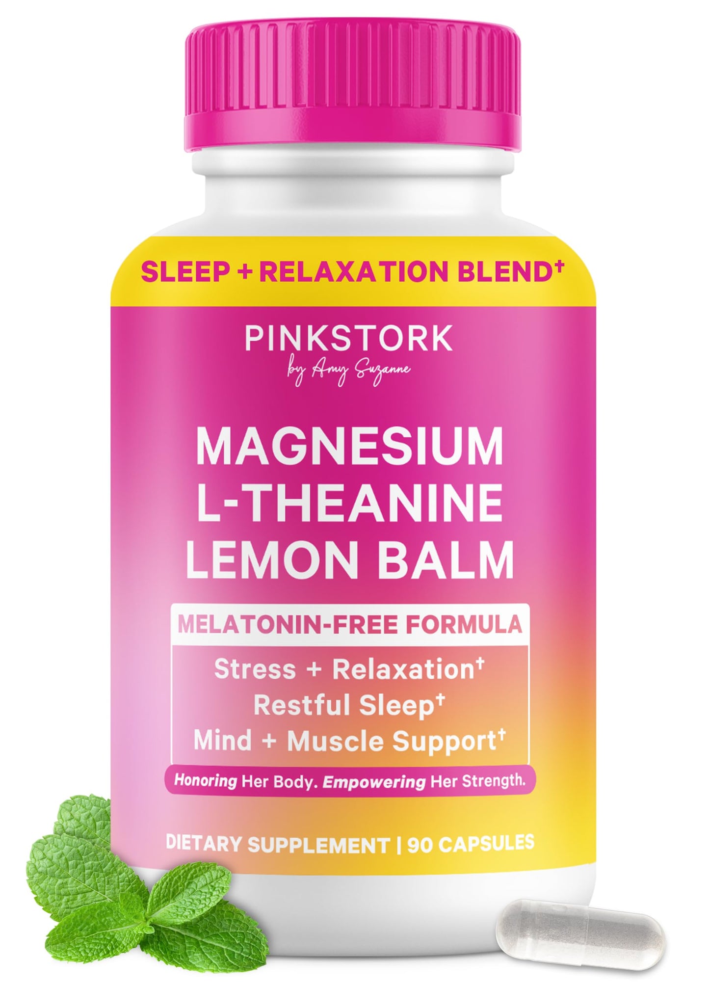 Pink Stork Magnesium Glycinate, L-Theanine, Lemon Balm Capsule, 90 Count