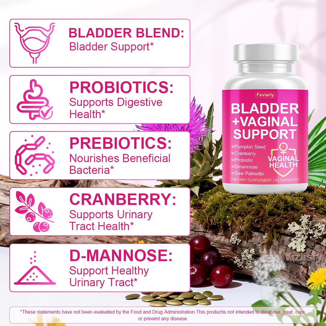 Feviarly Bladder Control Supplement for Women, Daily Urinary & Vaginal Support with Cranberry, Pumpkin Seeds, Probiotics, D-mannose, Saw Palmetto 60 Capsules