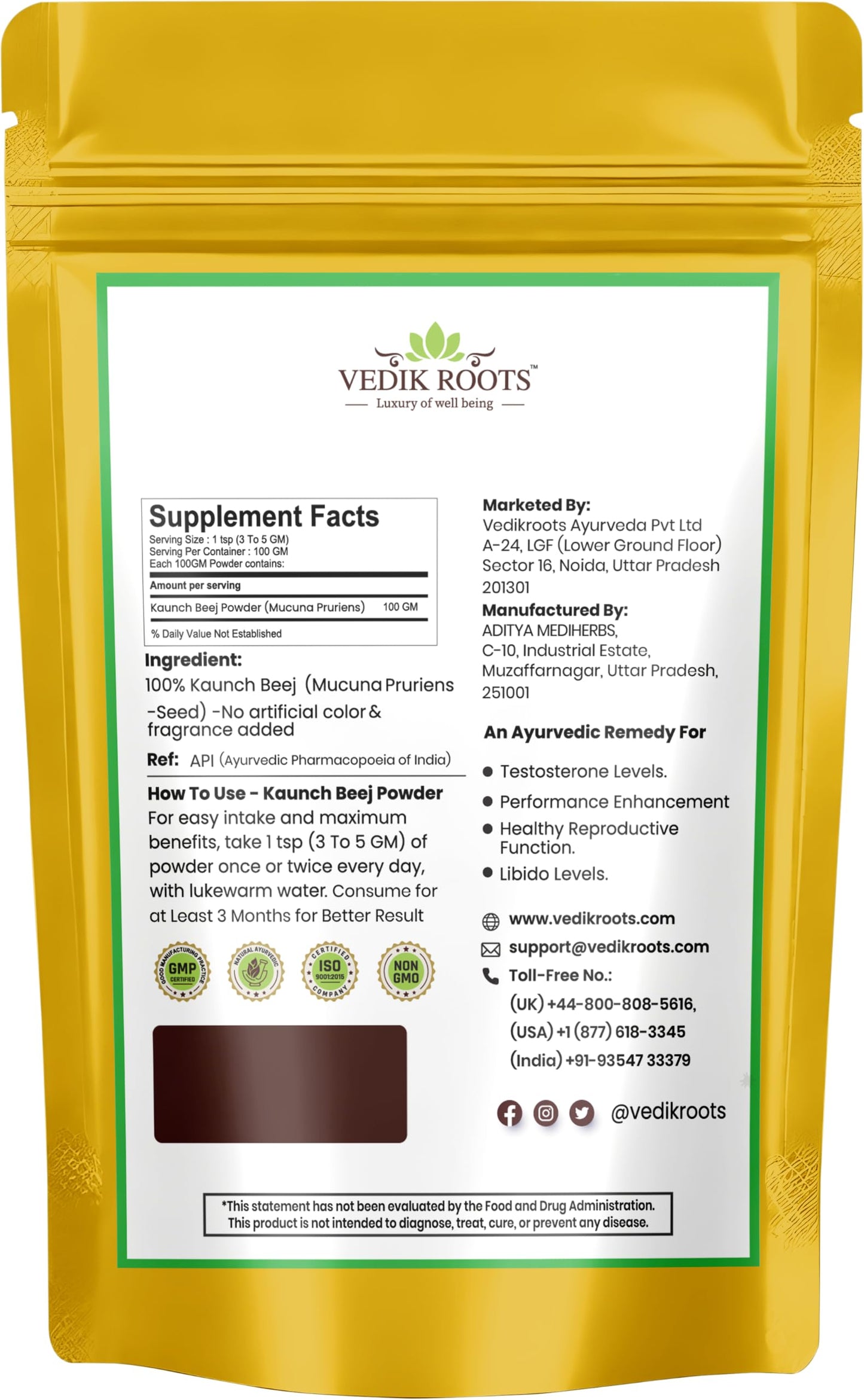 VEDIKROOTS Kaunch Beej Powder 3.5274 oz