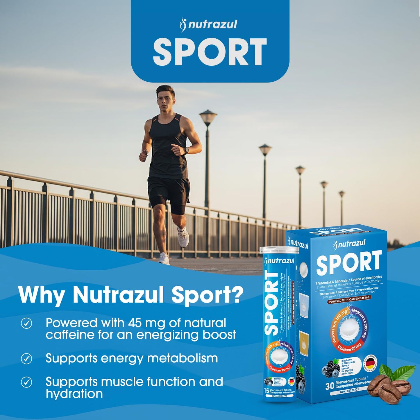 Nutrazul Sports Effervescent Tablets, Electrolytes & 7 Vitamins & Minerals, Daily Hydration and Energy, 45mg Caffeine, Blueberry & BlackBerry Flavor, 30 Count