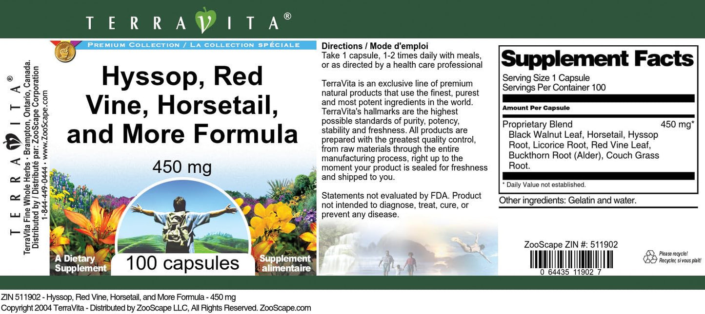 Terravita Hyssop, Red Vine, Horsetail, and More Formula 450 mg Capsules, 100 Count