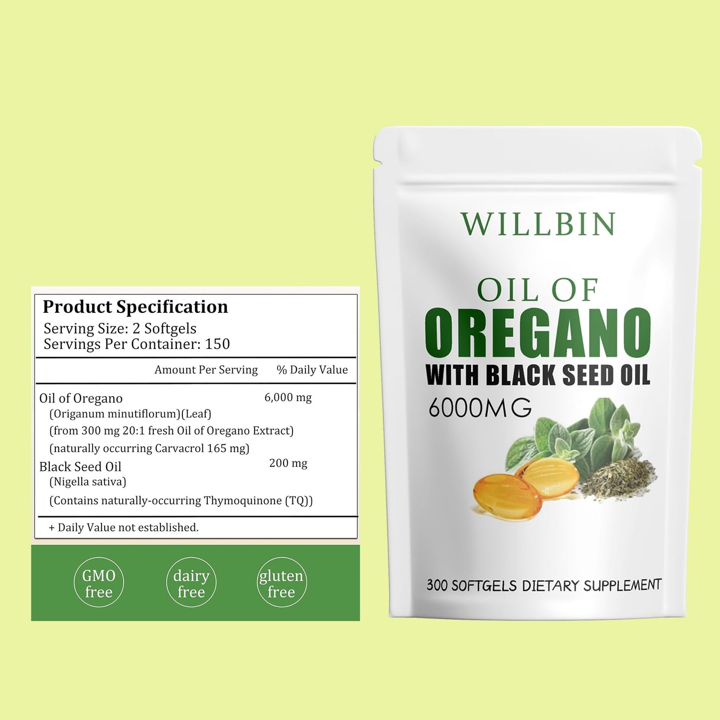 Willbin 2 in 1 6000mg Oil of Oregano with Black Seed Oil Softgels, Extra Strength Oil of Oregano Supplement, 300 Softgels