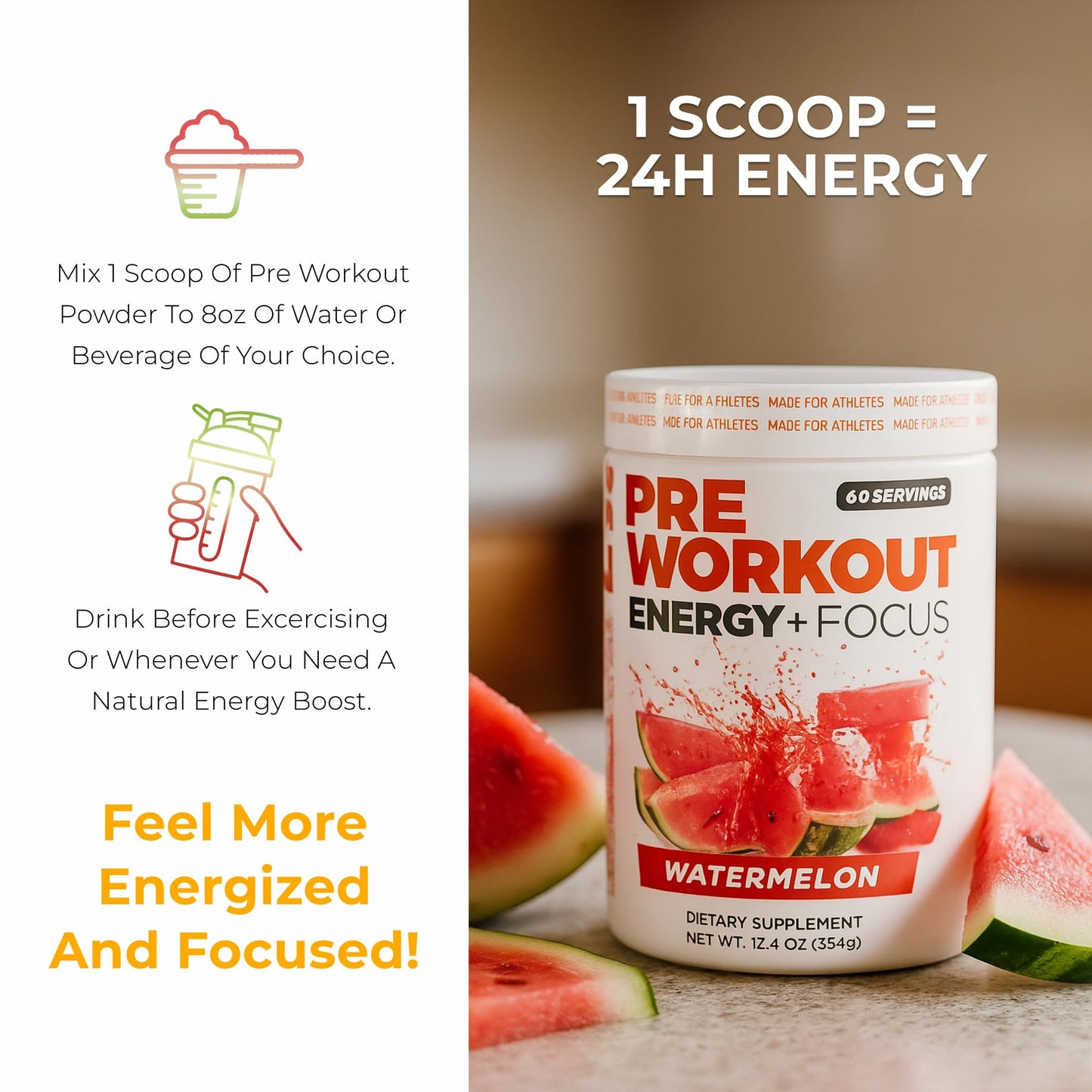 About Time Pre Workout Energy + Focus Watermelon Powder 12.4 oz