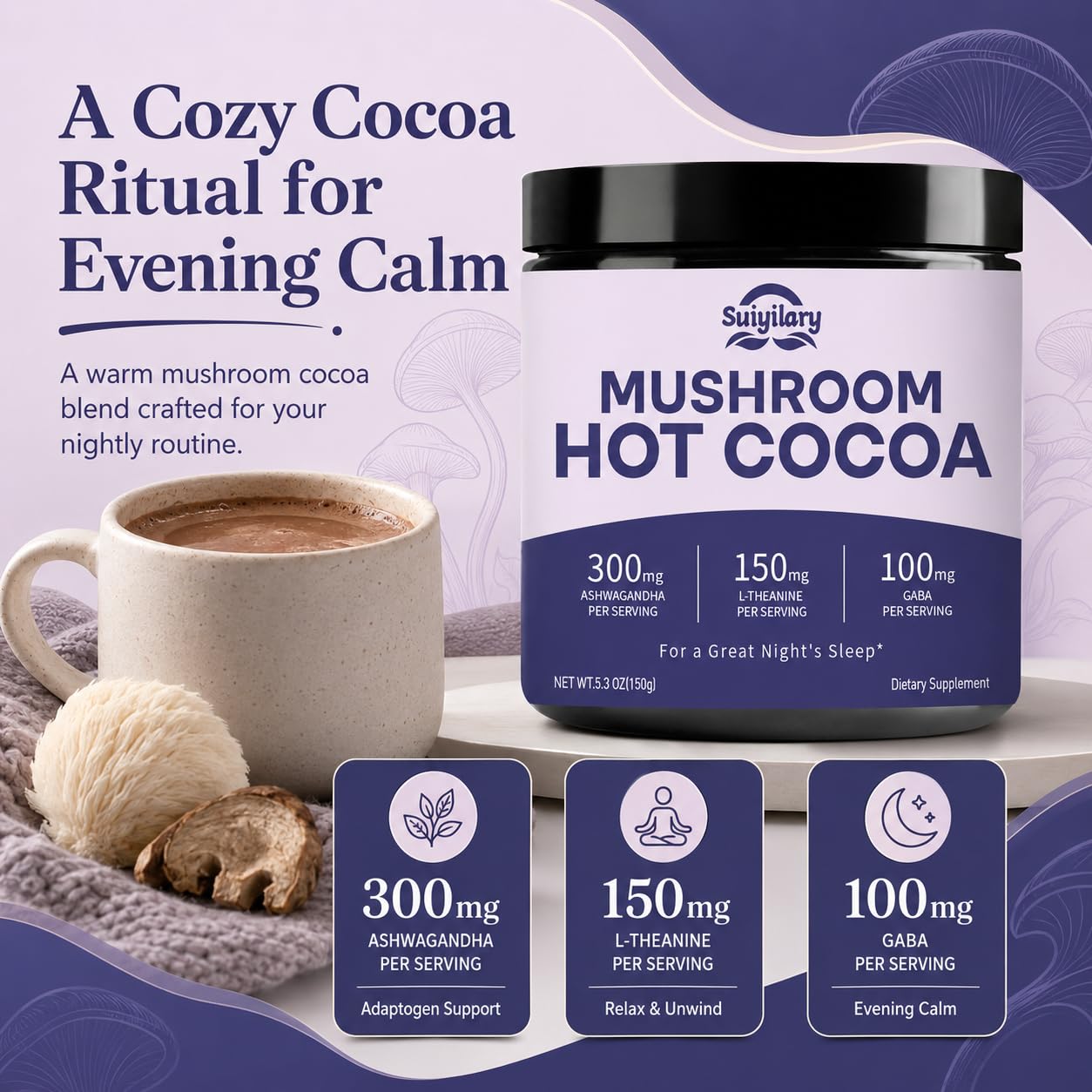 Suiyilary 10 Mushroom Hot Cocoa for Sleep Powder 5.3 oz