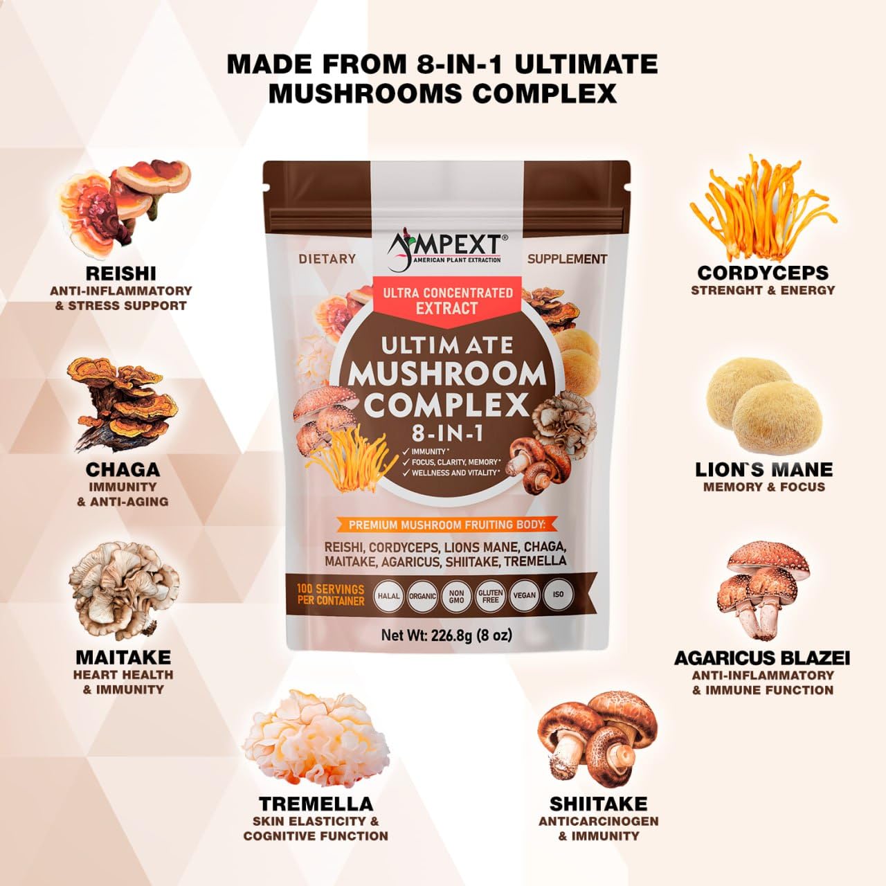 AMPEXT 8-in-1 Ultimate Mushroom Complex Powder, 8 Ounce
