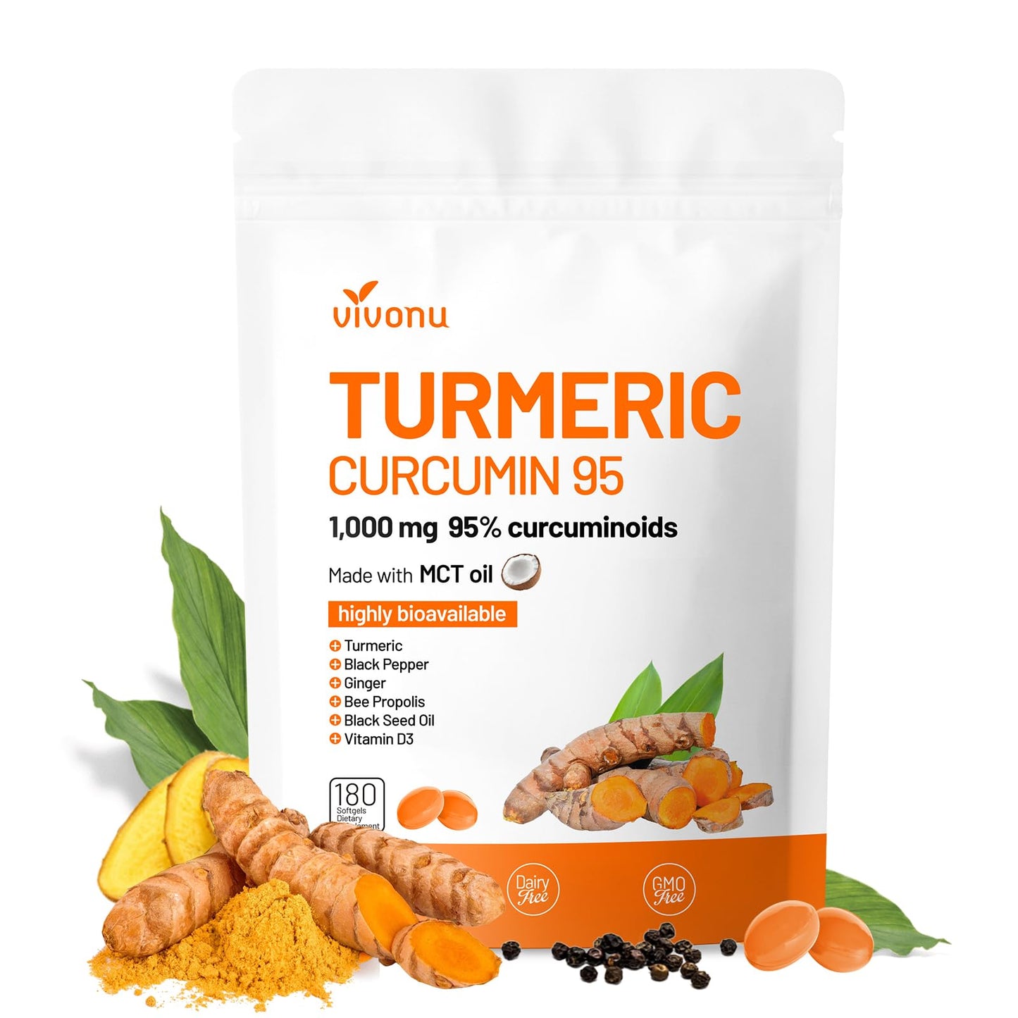 VivoNu Turmeric Curcumin Supplement with Black Pepper Softgel, 180 Count
