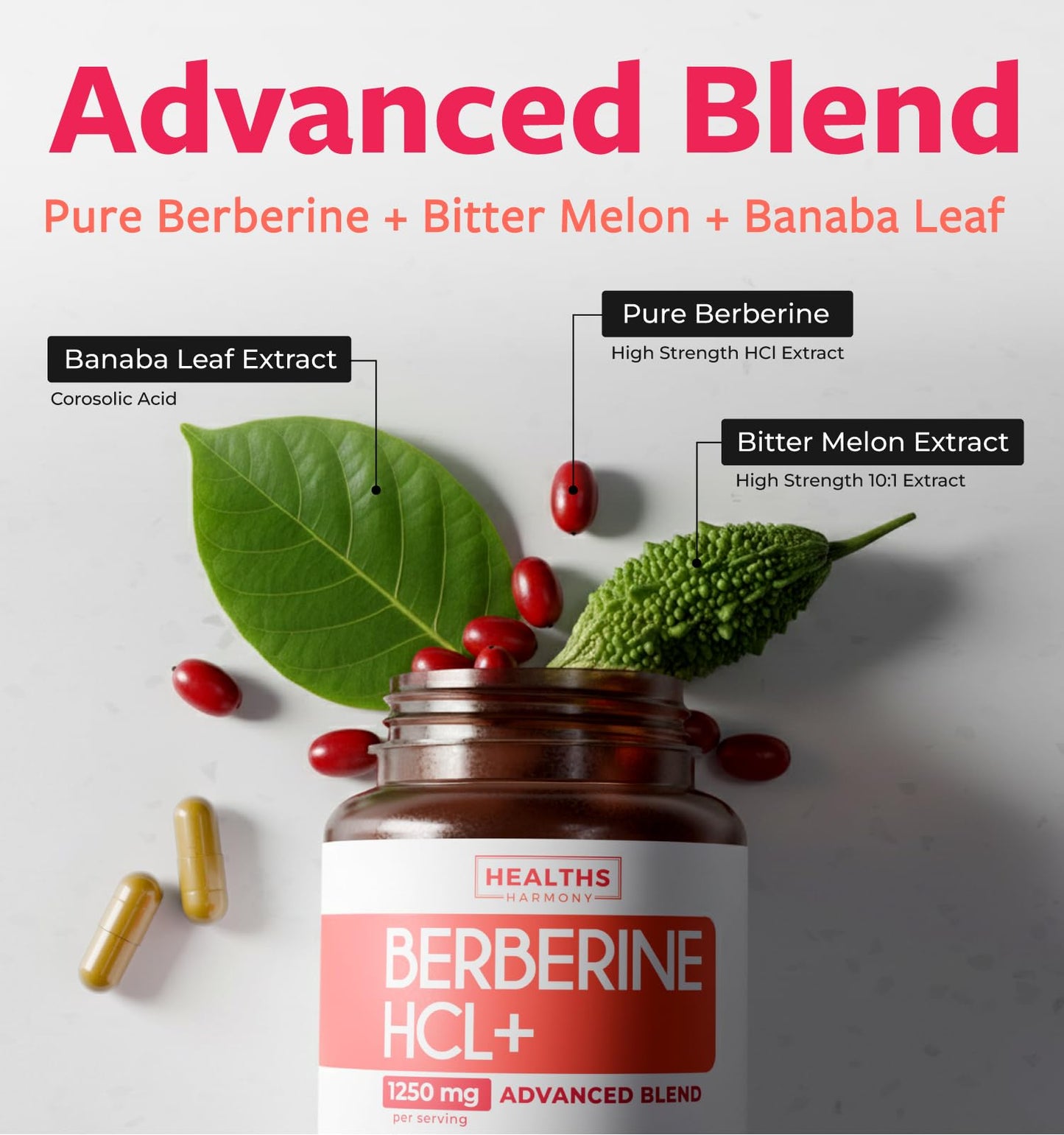 Healths Harmony Berberine HCl Plus Bitter Melon & Banaba Leaf Extract Capsules 120 Count