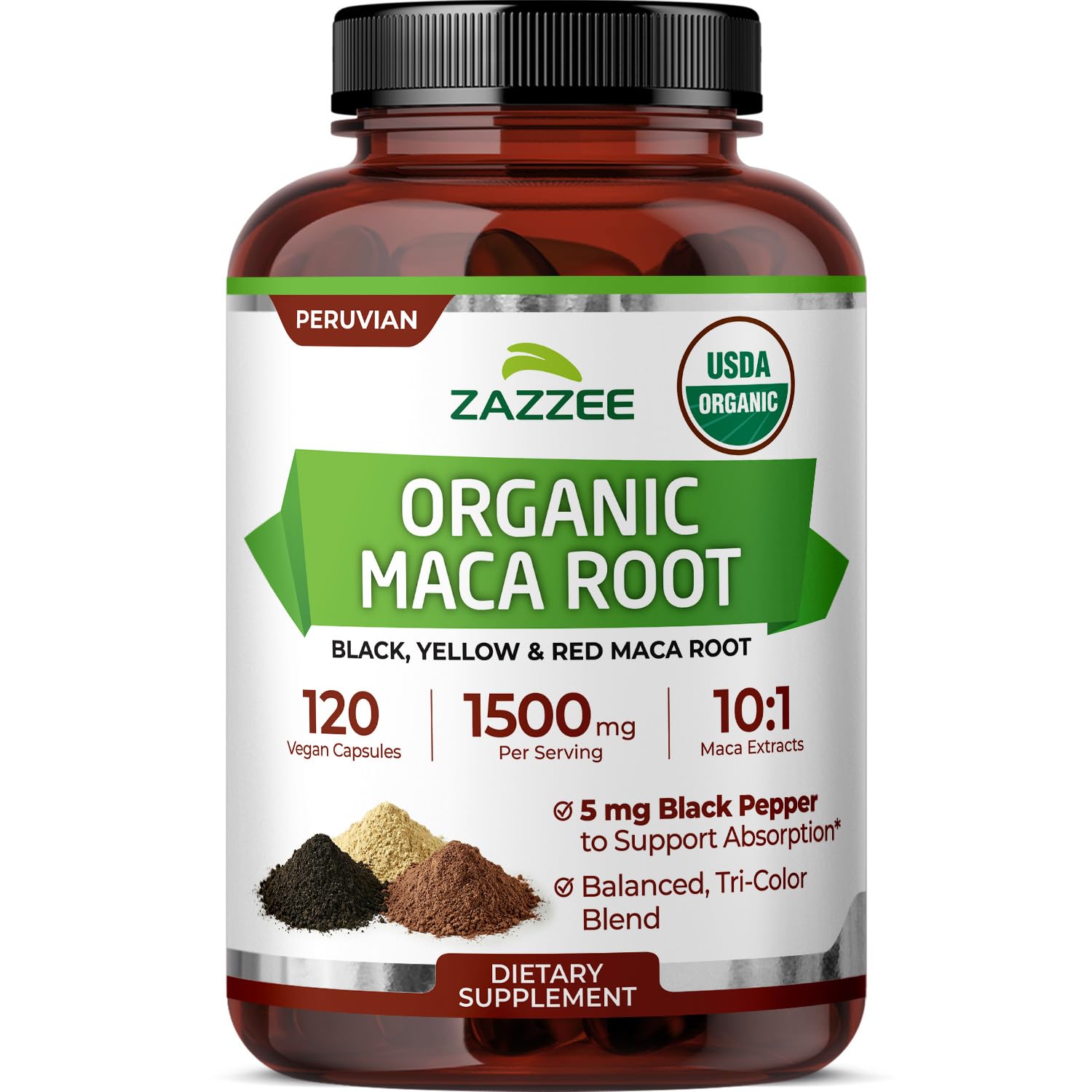 Zazzee USDA Organic Maca Root 10:1 Extract, Red, Black & Yellow Maca, Capsule, 120 Count
