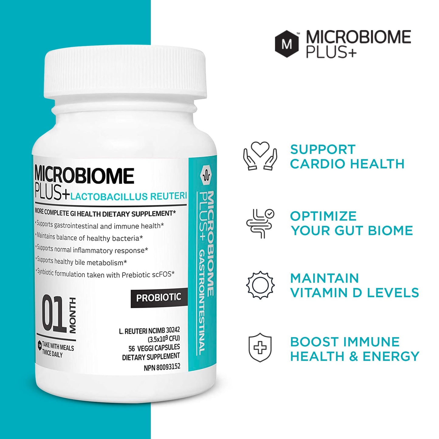 Microbiome Plus Gastrointestinal Probiotics L Reuteri NCIMB 30242 Capsule, 56 Count