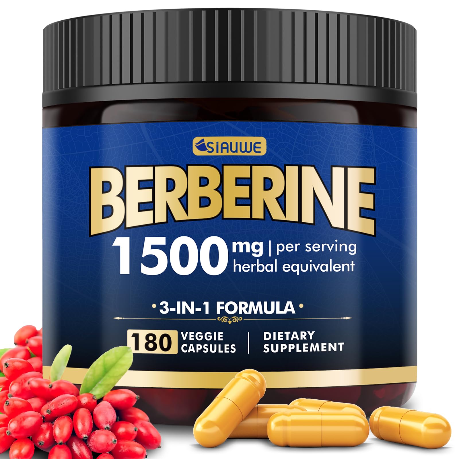SIAUWE Berberine HCl 1500mg with Ceylon Cinnamon, 180 Capsules