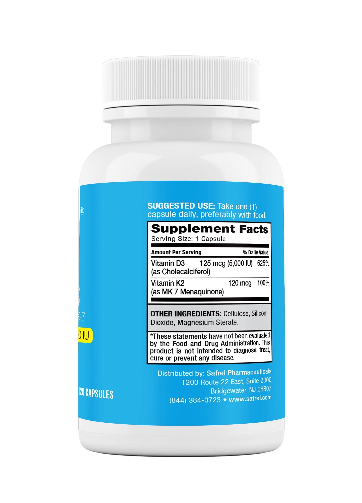 Safrel Vitamin K2 (MK7) 120 MCG and D3 5000 IU Capsule, 120 Count