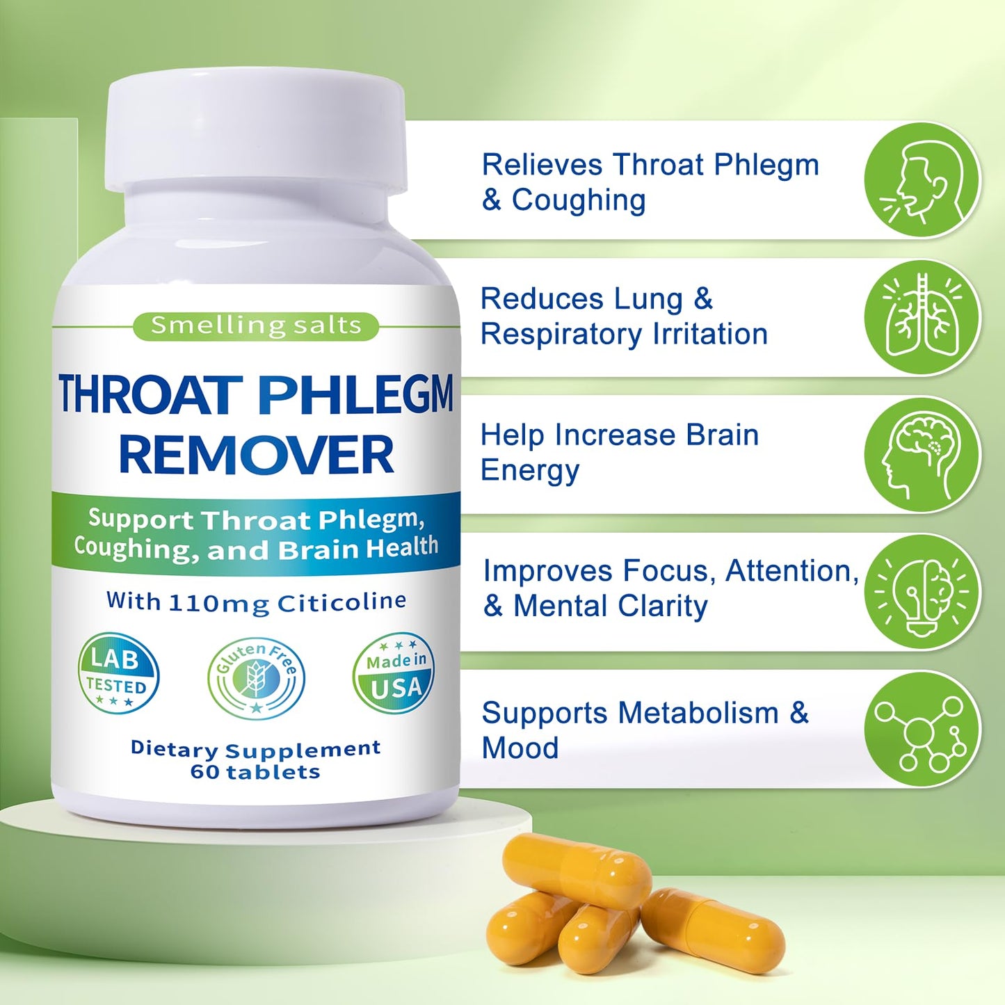 Smelling salts Throat Phlegm Remover Citicoline Supplement for Respiratory, Throat & Brain Health Capsules 60