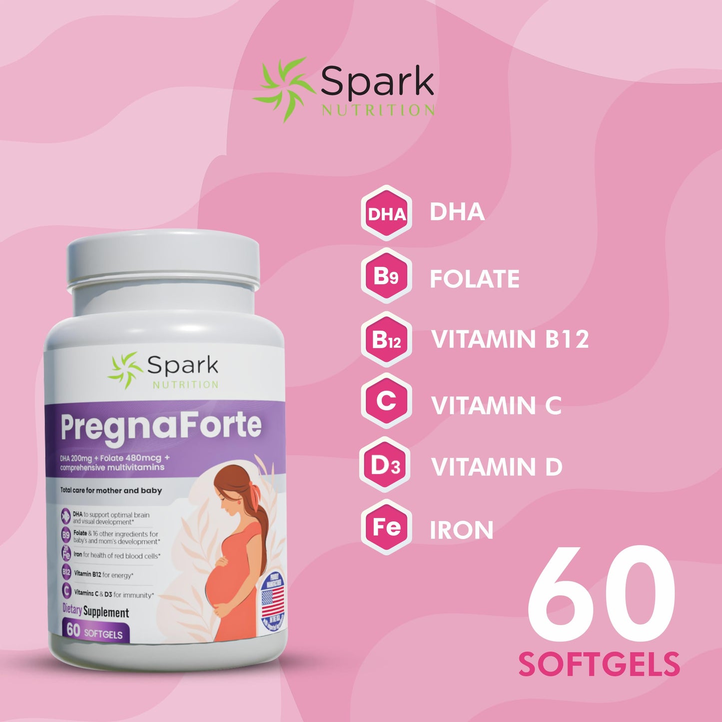 Spark Nutrition Pregnaforte 1 a day Prenatal vitamins for women Softgel, 60 Count