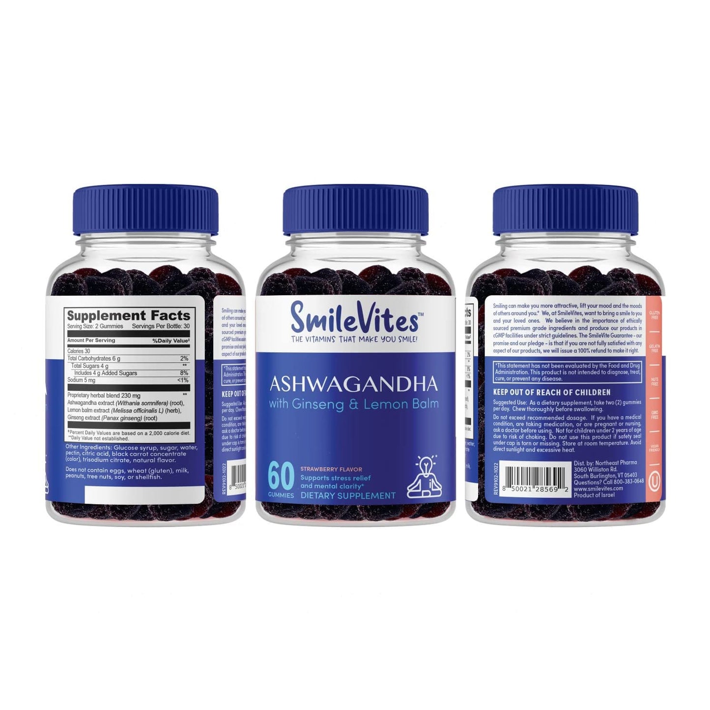 SmileVites Ashwagandha Gummies with Ginseng & Lemon Balm 60 Count