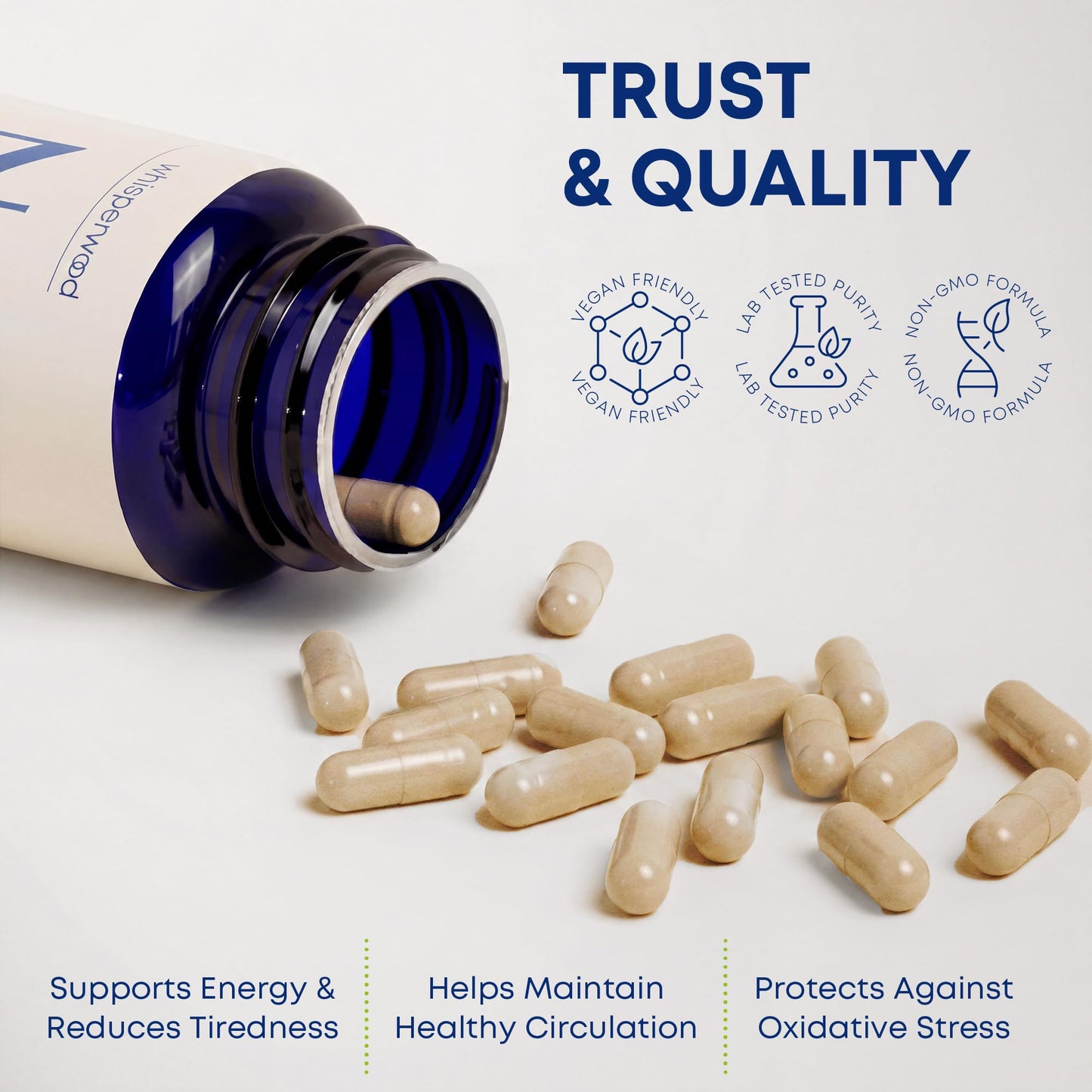 WHISPERWOOD NAD+ Supplement with Nicotinamide Riboside, Trans-Resveratrol & Quercetin, 60 Capsules