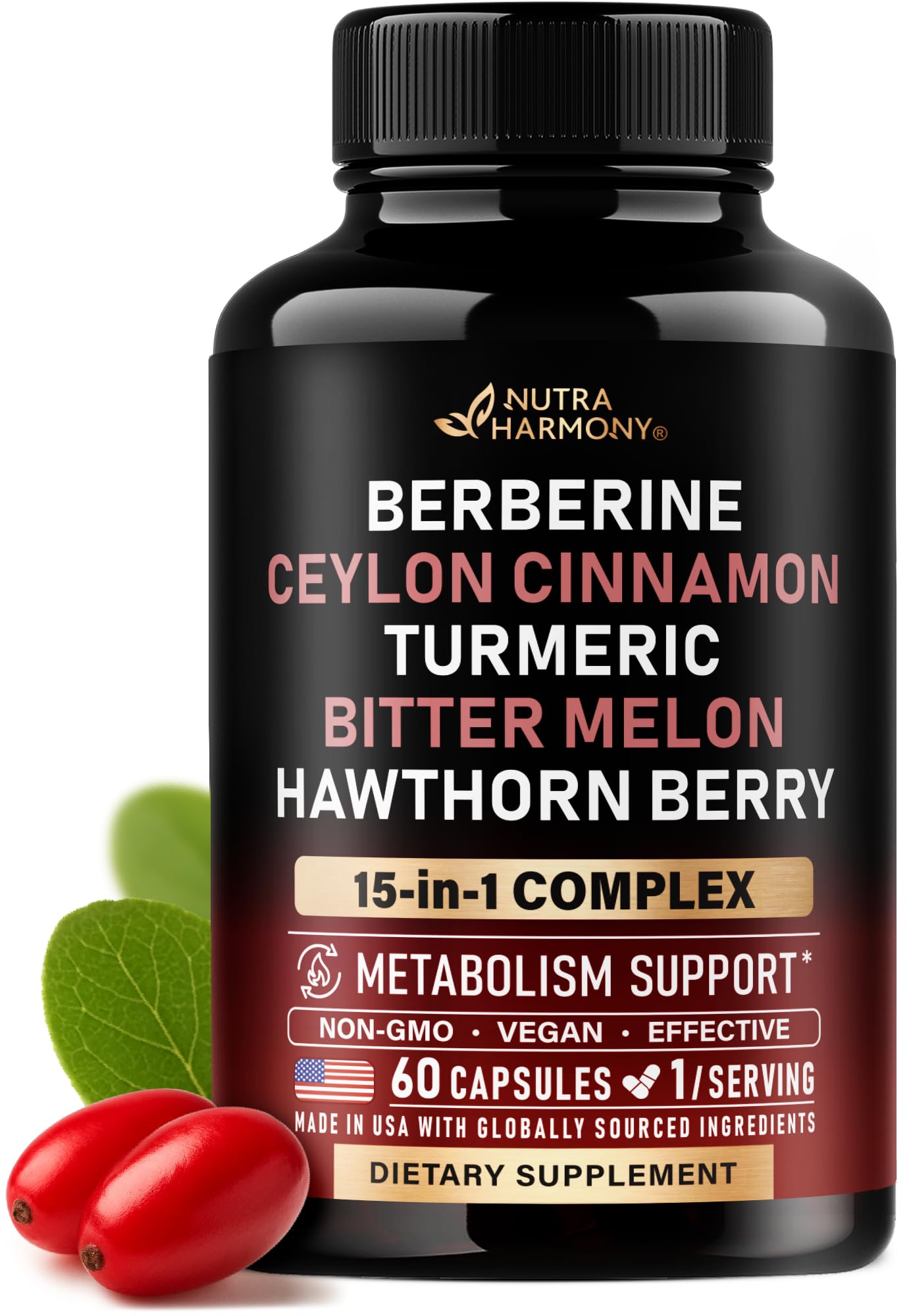 NUTRAHARMONY Berberine with Ceylon Cinnamon, Bitter Melon (Karela), Apple Cider Vinegar, Hawthorn Berry, Citrus Bergamot, Turmeric - 15in1 Heart Metabolism & Energy Support Capsules, 60 Count