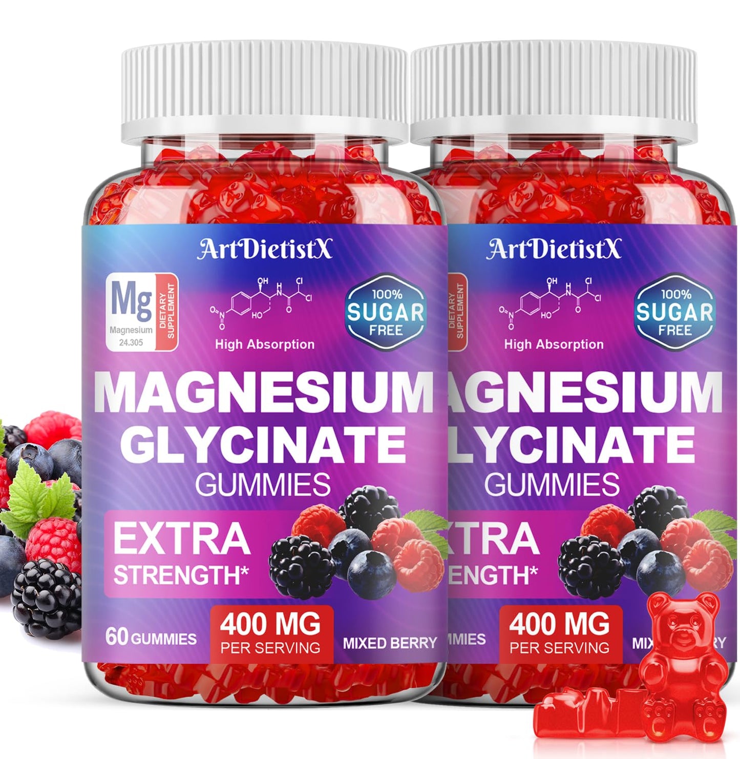 ArtDietistX Magnesium Glycinate Gummies 400mg, Sugar Free with Magnesium Malate, Zinc, and Vitamin B6 for Sleep and Relaxation, Non-GMO, 120 Gummies