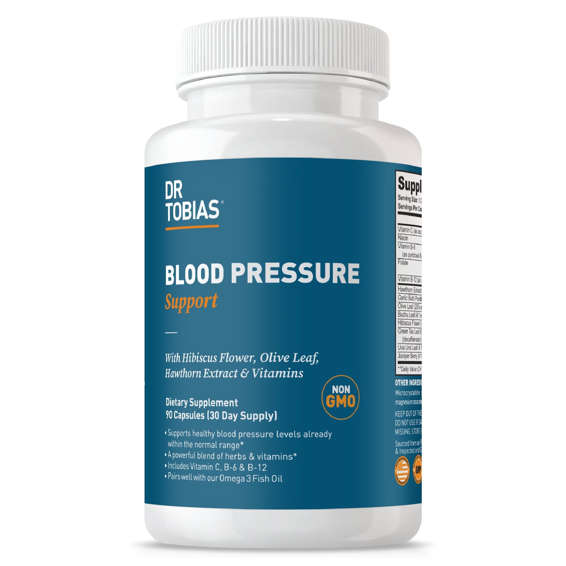 Dr. Tobias Blood Pressure Support Supplement with Hawthorn, Hibiscus Flower, Olive Leaf & Garlic Capsules, 90 Count