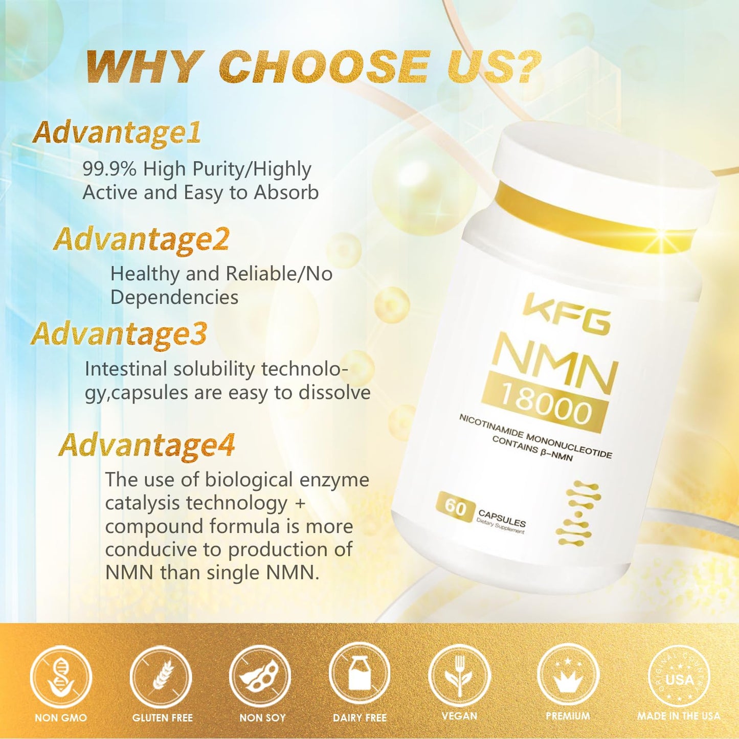 KFG NMN 18000 Nicotinamide Mononucleotide Supplement with Resveratrol, Stabilized Form & 99% High Purity 60 Capsules
