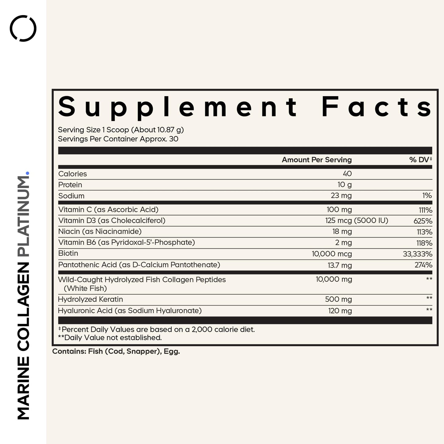 Codeage Marine Collagen Protein Powder Supplement Platinum with Biotin 10,000 mcg, Vitamin C, D3 & B6, Keratin, Hyaluronic Acid, Niacin, Wild Caught Hydrolyzed Fish Collagen Peptides, Non-GMO, 11.5 oz