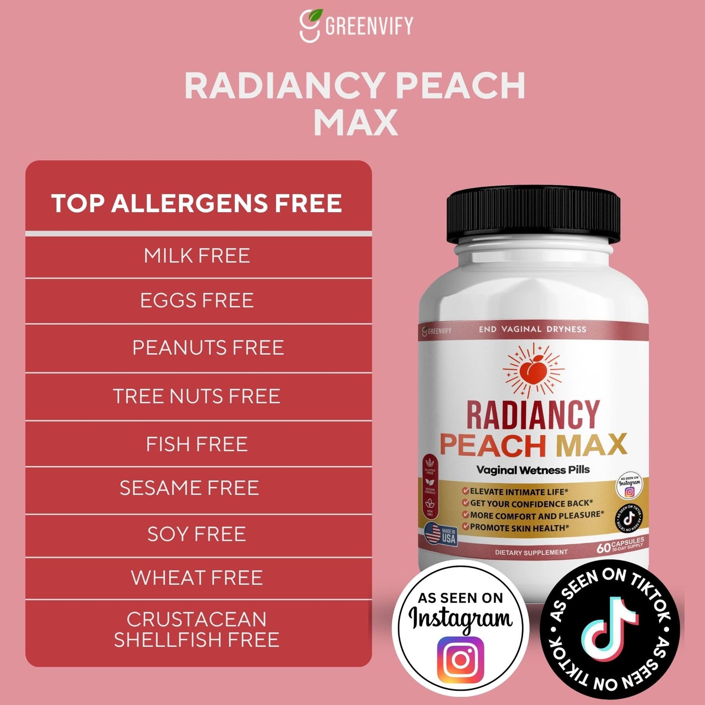 GREENVIFY Radiancy Peach Max Vaginal Wellness Supplement Capsules, 180 Count