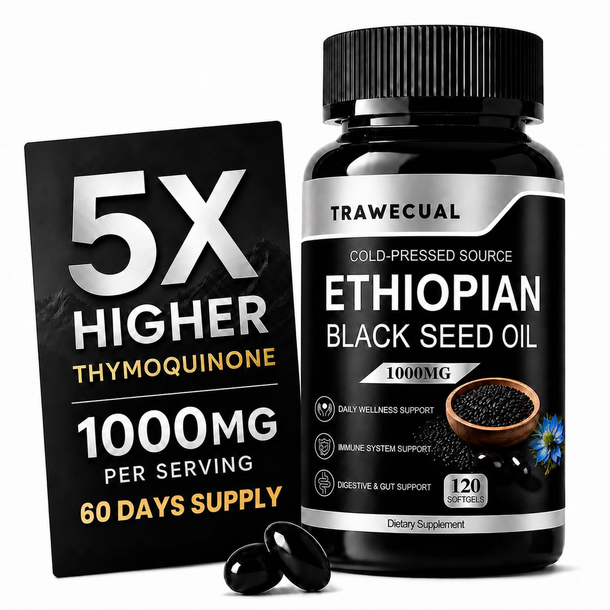 Trawecual Ethiopian Black Seed Oil Softgels, 1000mg Organic Cold Pressed Black Seed Oil, Non-GMO, Gluten-Free, 120 Softgels