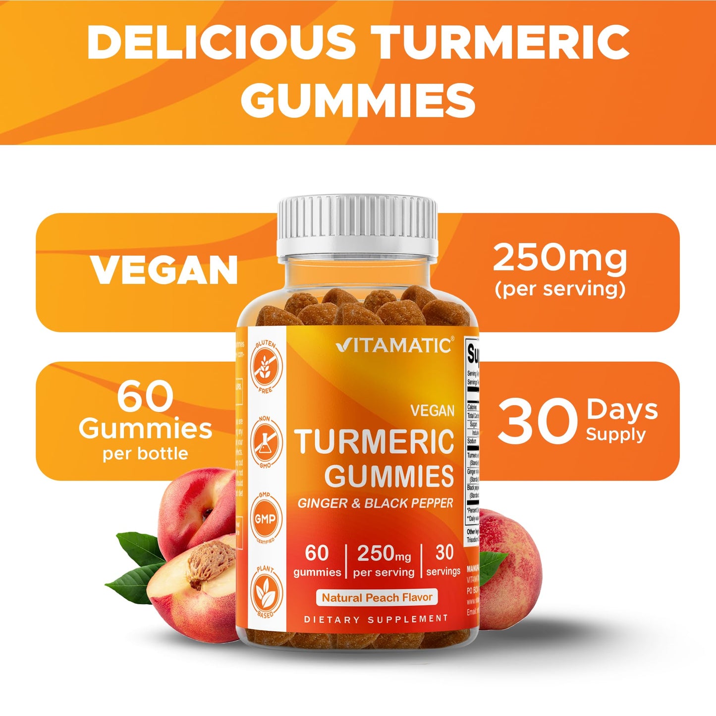 Vitamatic Turmeric Gummies with Ginger & Black Pepper Extract, Gummies, 60 Count
