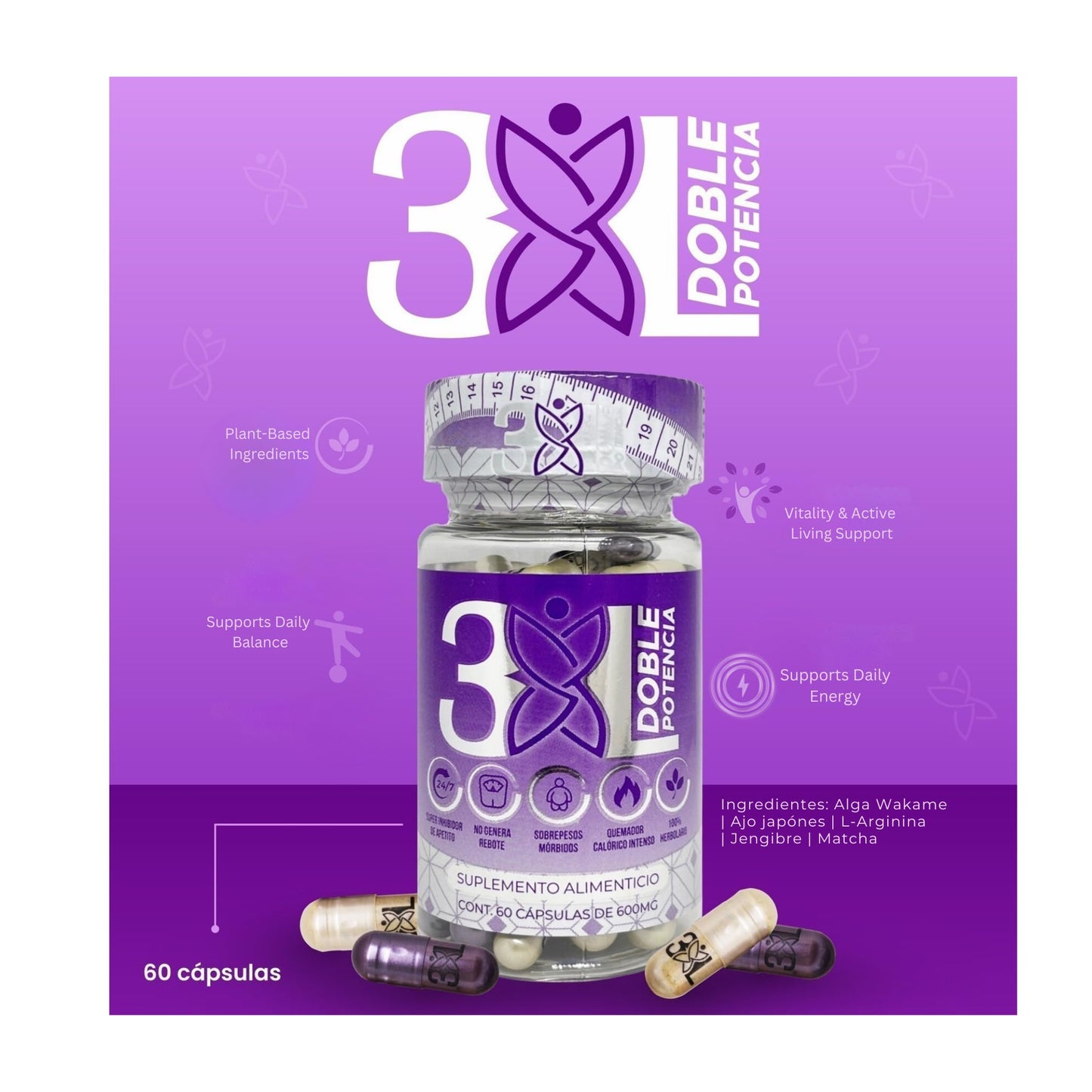 Generic Dendas 3XLDoble Potencia, Dual-Capsule Herbal Complex for Daily Balance & Vitality – Plant-Based Formula with Wakame, Japanese Garlic, L-Arginine, Ginger & Matcha 60 Capsules