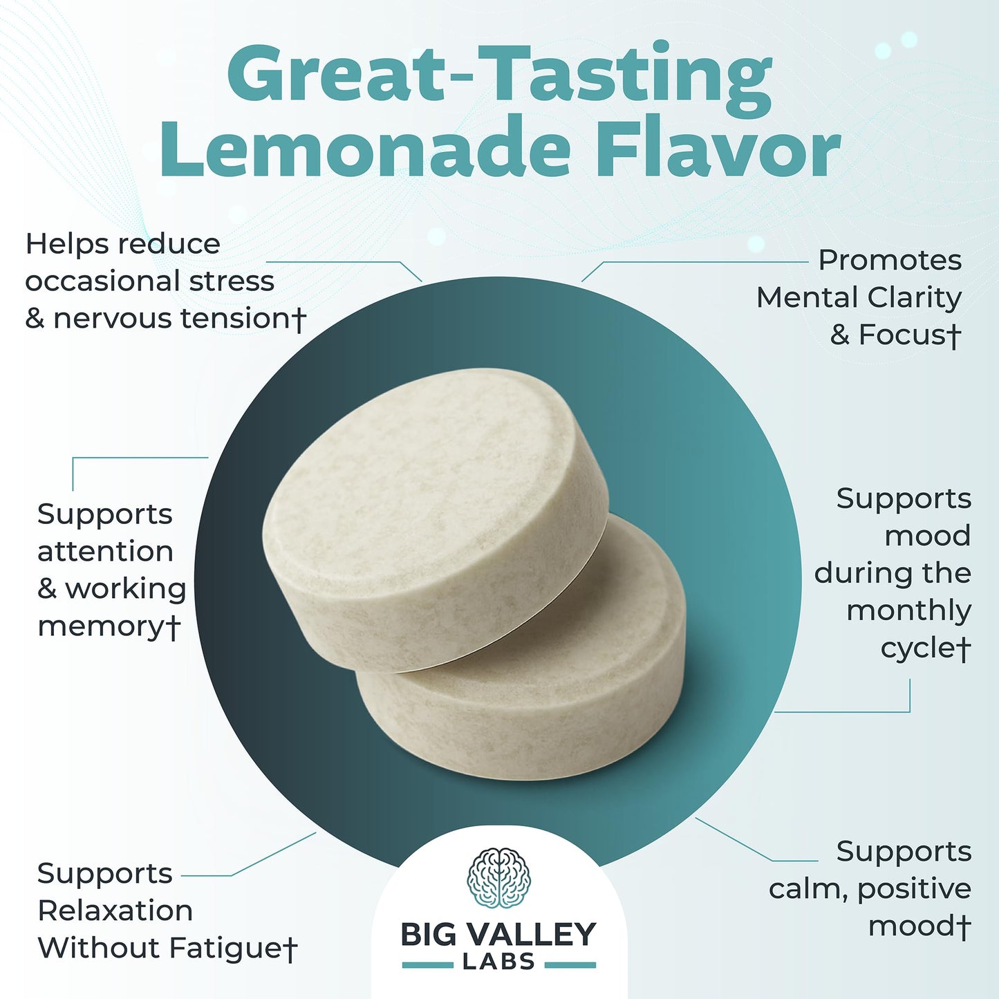 Big Valley Labs L-Theanine 200 mg Chewable Tablet – AlphaWave® Lemonade Flavor – Vegan, Non-GMO, Gluten-Free Supplement for Calm, Focus and Brain Function, 30 Chewable Tablets
