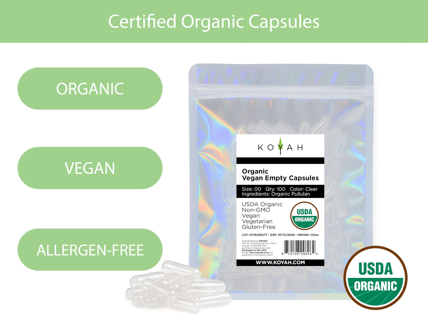 KOYAH Certified Organic Empty Pullulan Capsules 100 Count