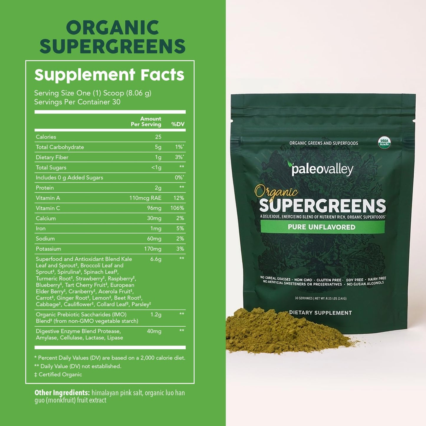 Paleovalley Organic Supergreens Powder with 23 Superfoods, Unflavored 8.48 Ounce