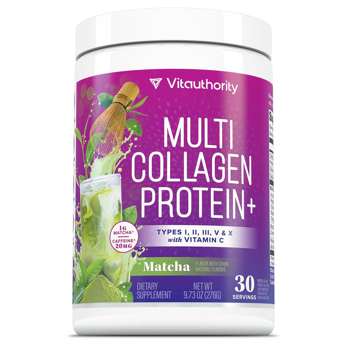Vitauthority Multi Collagen Protein Powder, Types I II III V & X, Vitamin C & Hyaluronic Acid, Matcha Flavor, 9.7 oz, 30 Servings
