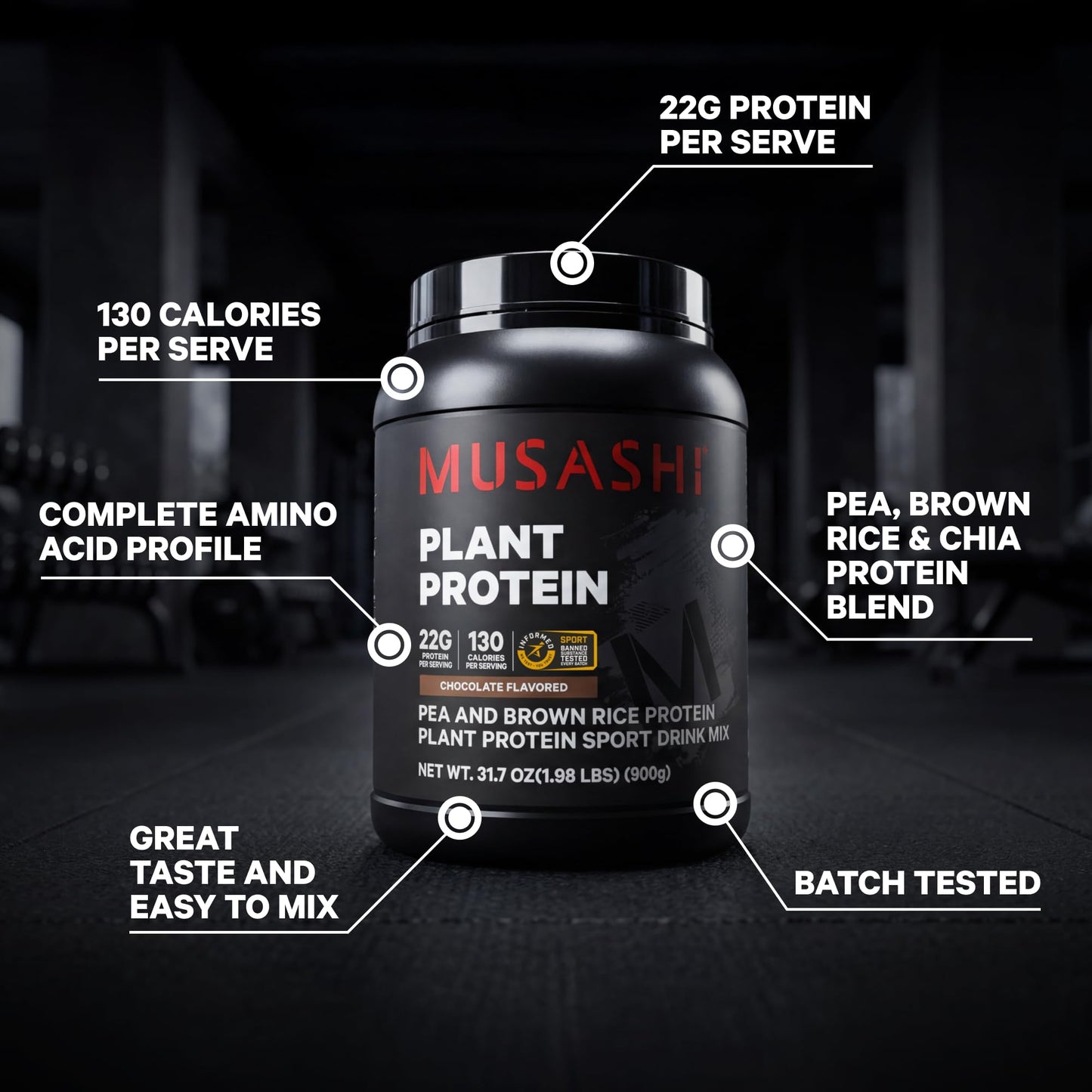 Musashi Plant Protein Powder, Chocolate, 1.98 lb (900 g), 31.75 Servings
