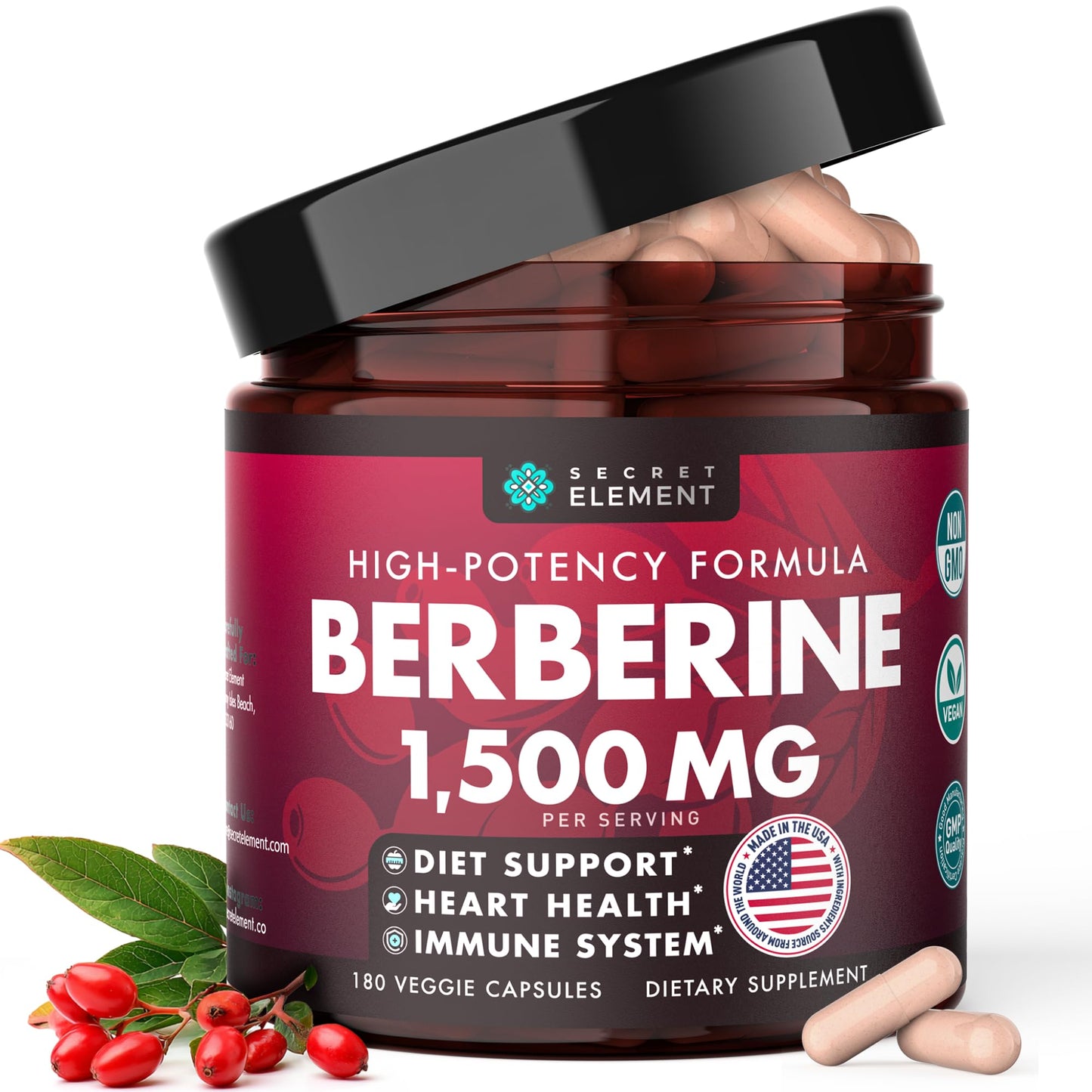 Secret Element Berberine HCL Supplement 1500 mg High Potency Vegan Capsules with Beet Root, Citrus Bergamot & Black Currant, Non-GMO, 180 Capsules