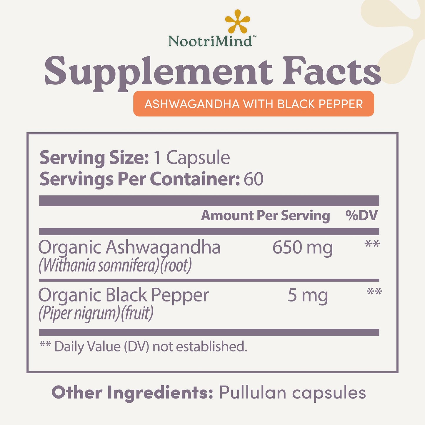 nootrimind Organic Ashwagandha Capsules 1300mg Daily Serving (Withania Somnifera) with Black Pepper – Root Powder + Extract – Relaxation & Mood Support – Vegan, Non-GMO, 60 Capsules