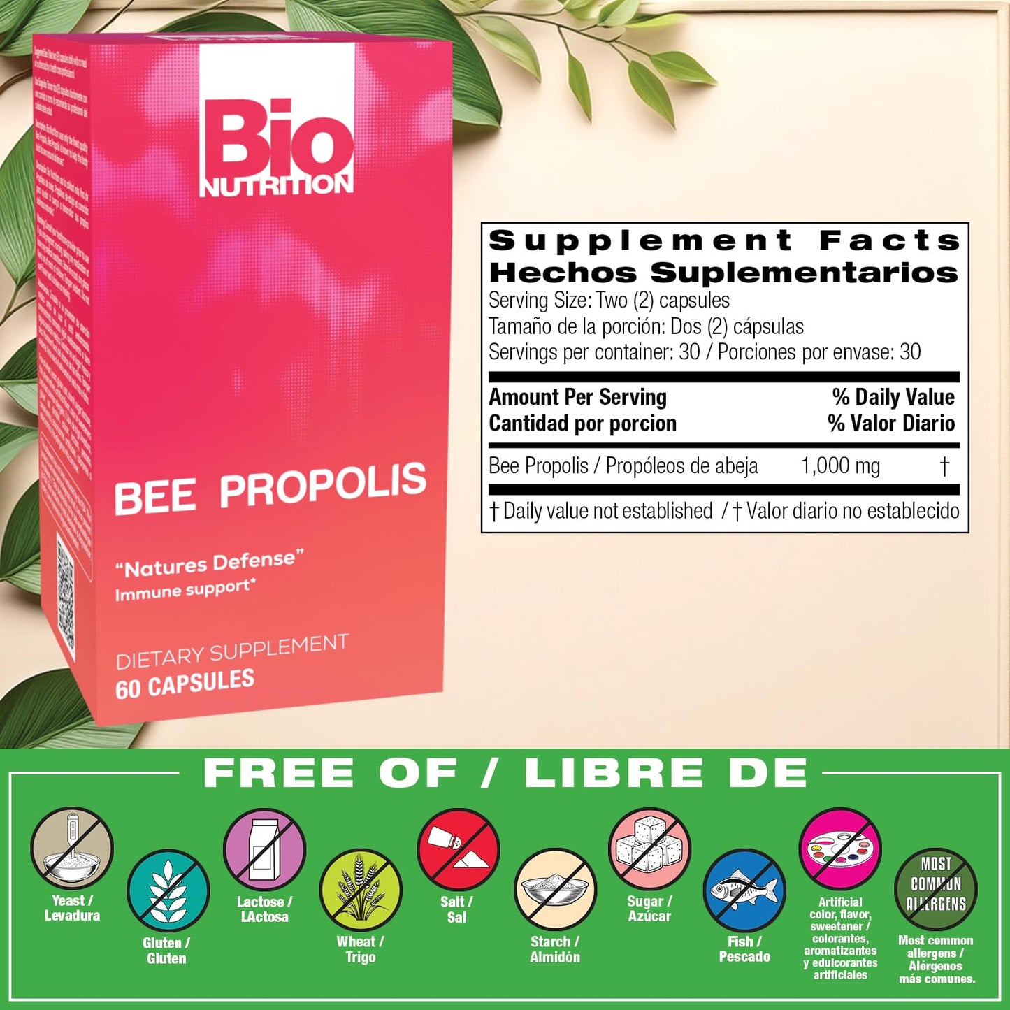 Bio Nutrition Bee Propolis Natural Defense Immune Support Supplement Capsules 1000 mg, 60 Capsules