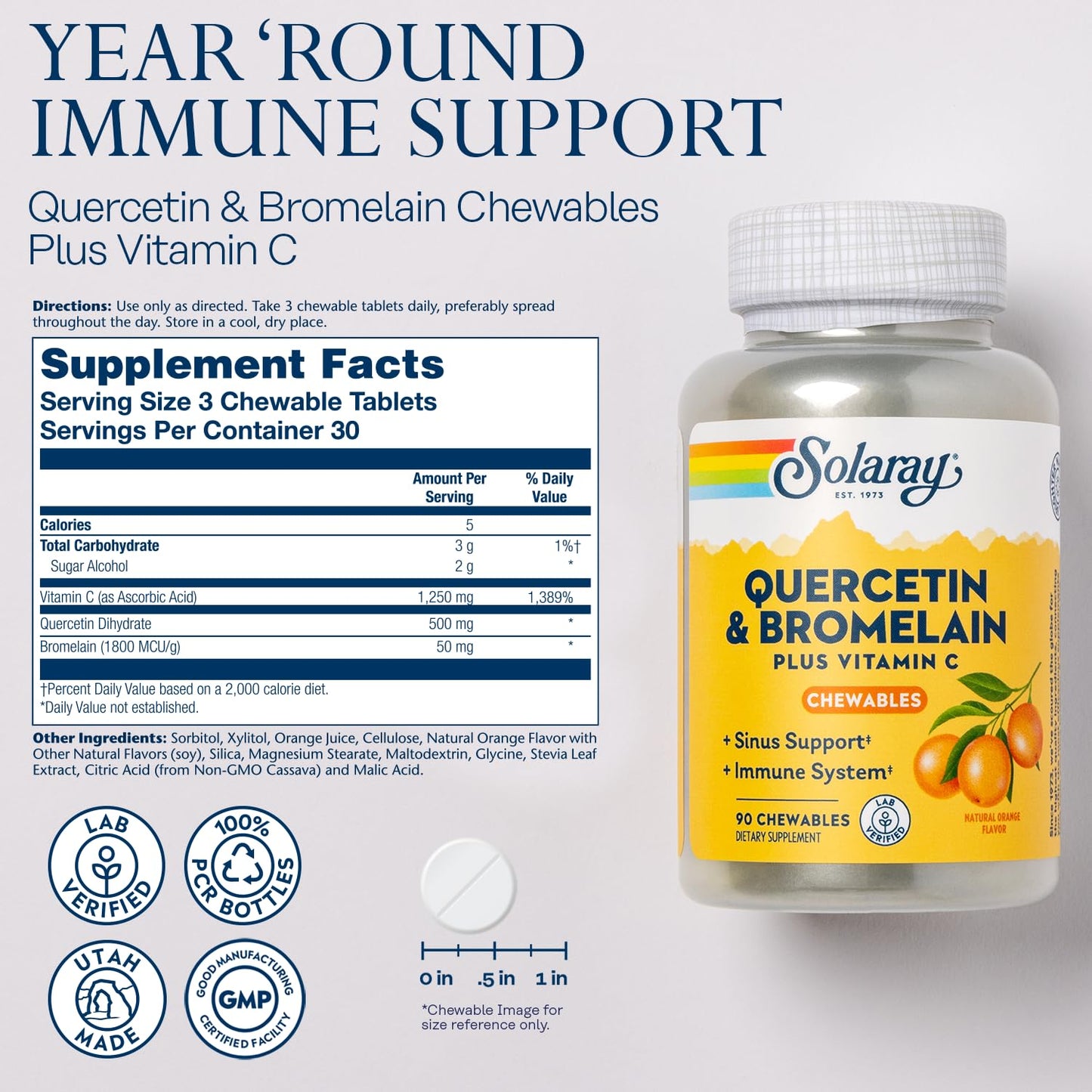SOLARAY Quercetin with Bromelain and Vitamin C Chewables 90 Count