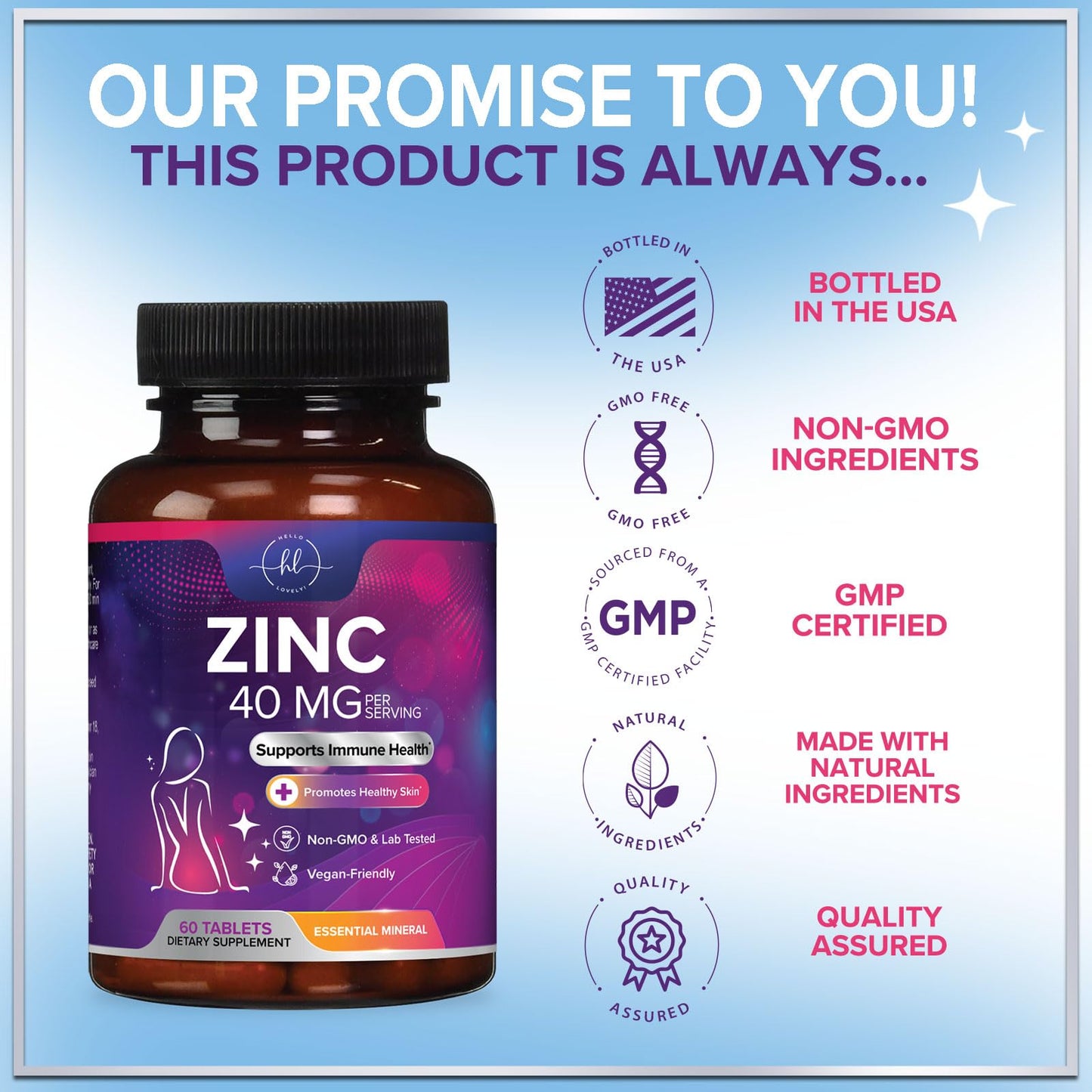 Hello Lovely! Zinc 40mg Tablets, 60 Count
