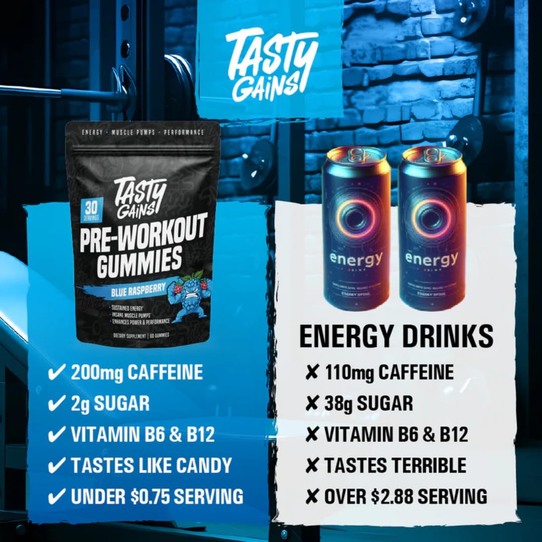 TASTY GAINS Pre-Workout Gummies, 60 Count