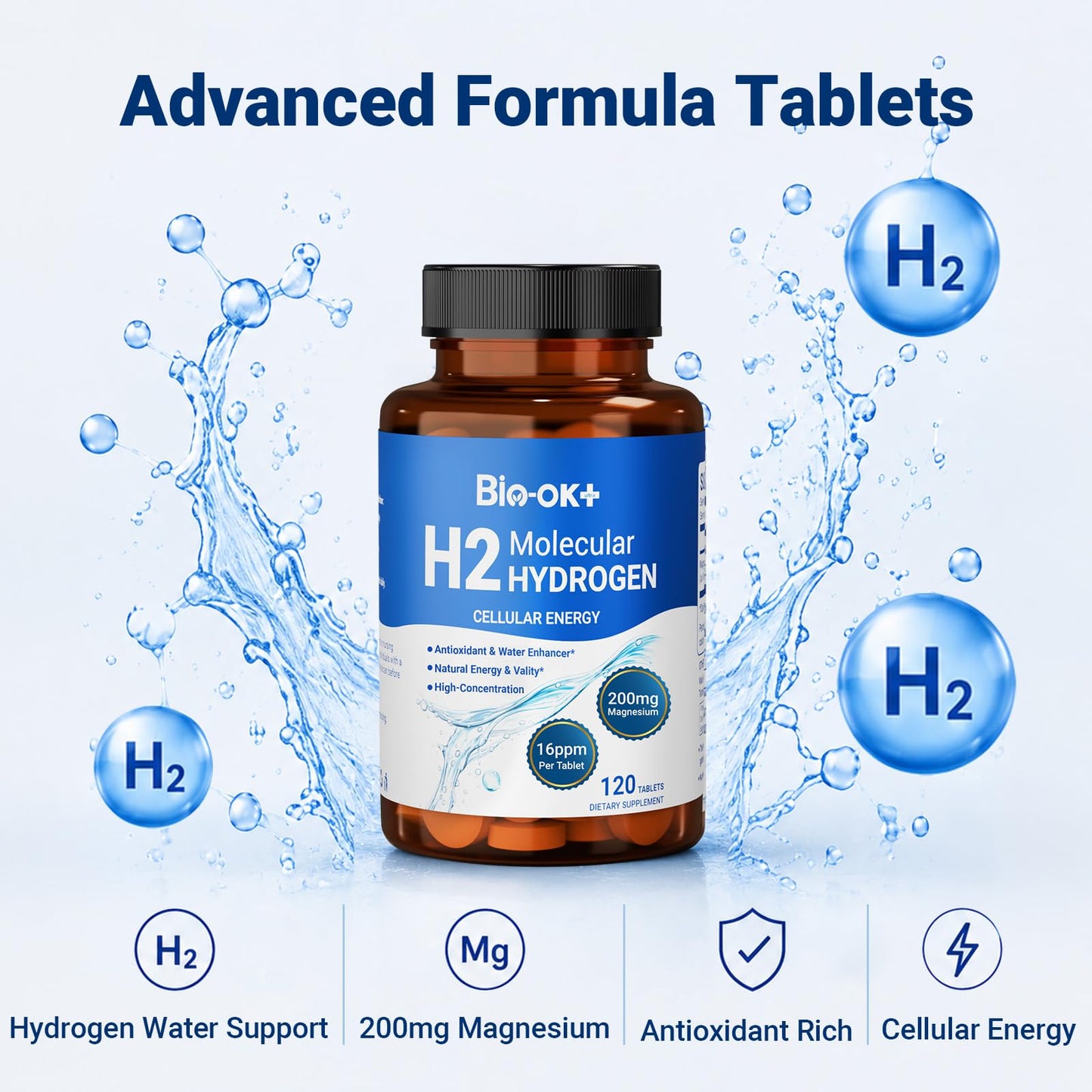 Biookultra Molecular Hydrogen Water Tablets with Magnesium 16 PPM Hydrogen Water Drinking Tablets Antioxidant Rich H2 Molecular Tabs for Cellular Health & Energy Boost, Tablet, 120 Count
