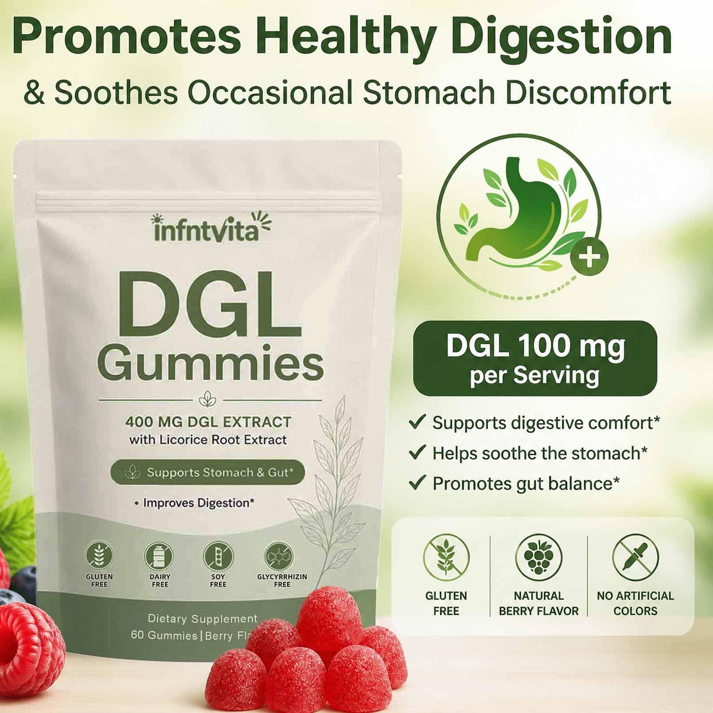 INFNTVITA DGL Licorice Root Gummies 400mg – Deglycyrrhizinated Licorice Extract for Stomach & Gut Support – Vegan, Gluten Free, Berry Flavor – 60 Gummies
