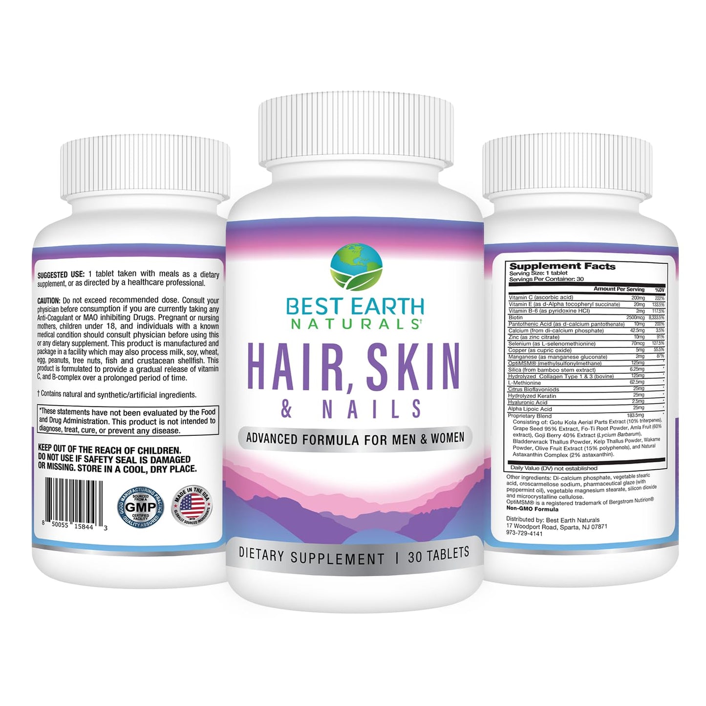 Best Earth Naturals Hair, Skin and Nails Supplement with Biotin, Collagen, Vitamins Tablets 30 Count