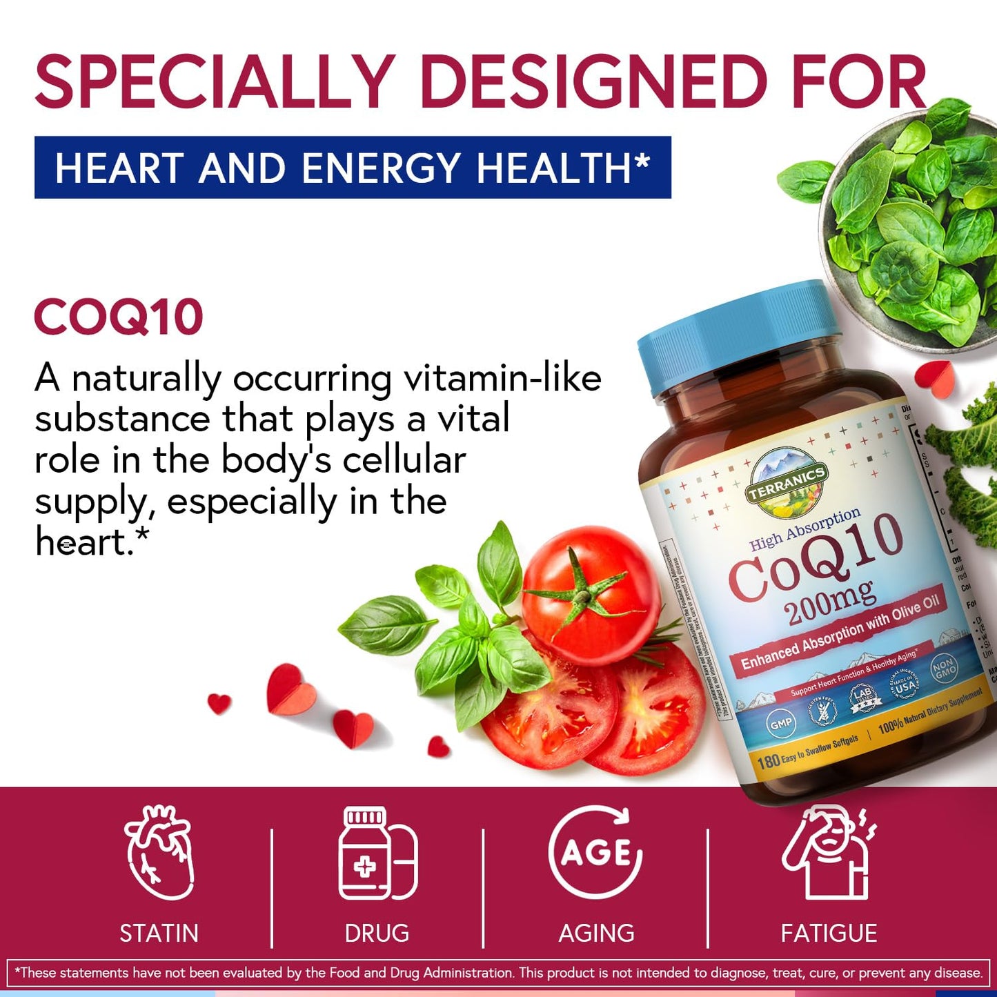 Terranics CoQ10 200mg Coenzyme Q10 with Extra Virgin Olive Oil Softgels, 180 Count